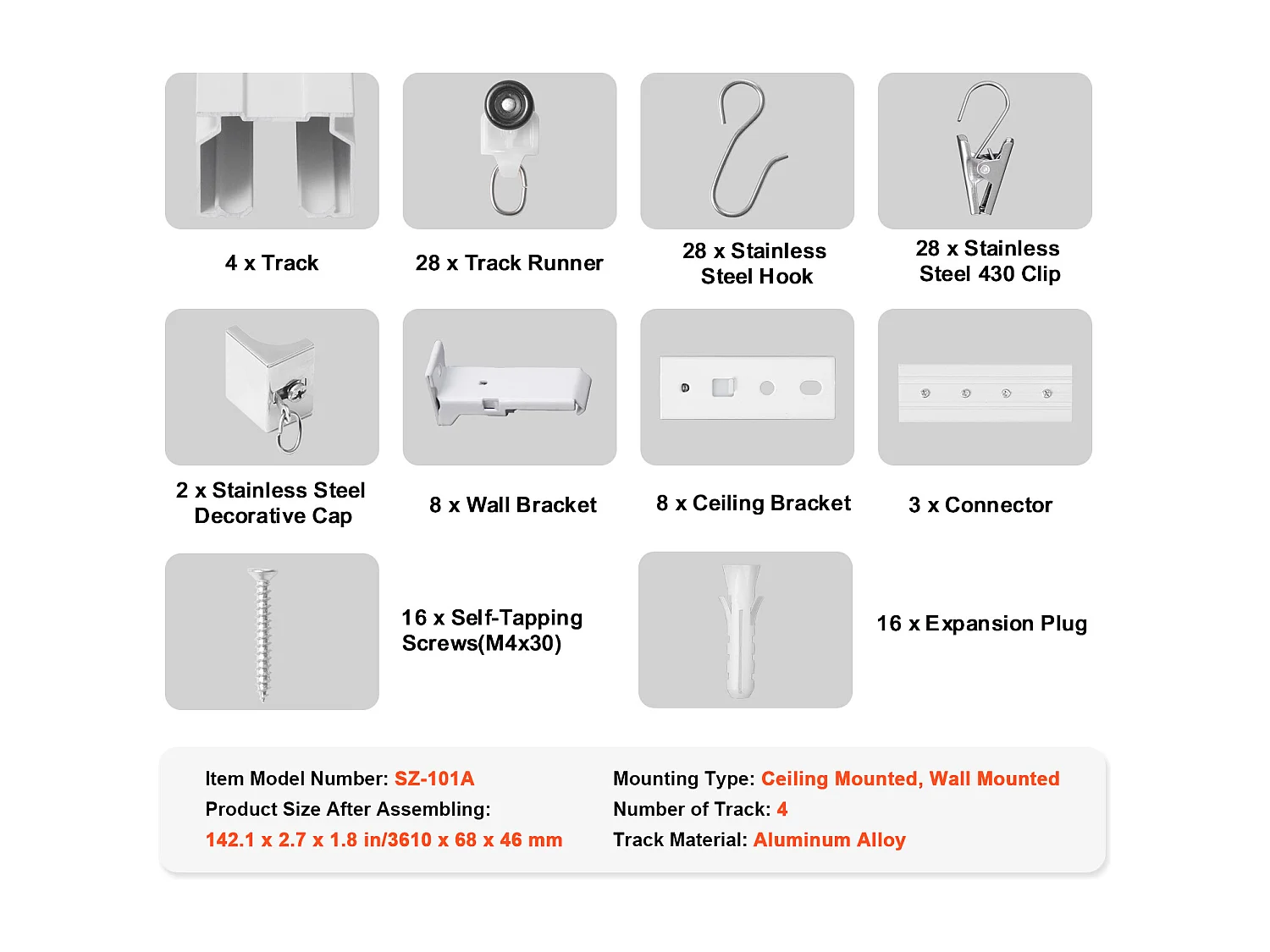 Ensemble de Rails SucceBuy pour Rideaux de Plafond 360cm, Système Coulissant pour Rideaux, Crochets et Quincaillerie, Blanc pour Salon et Chambre à Coucher