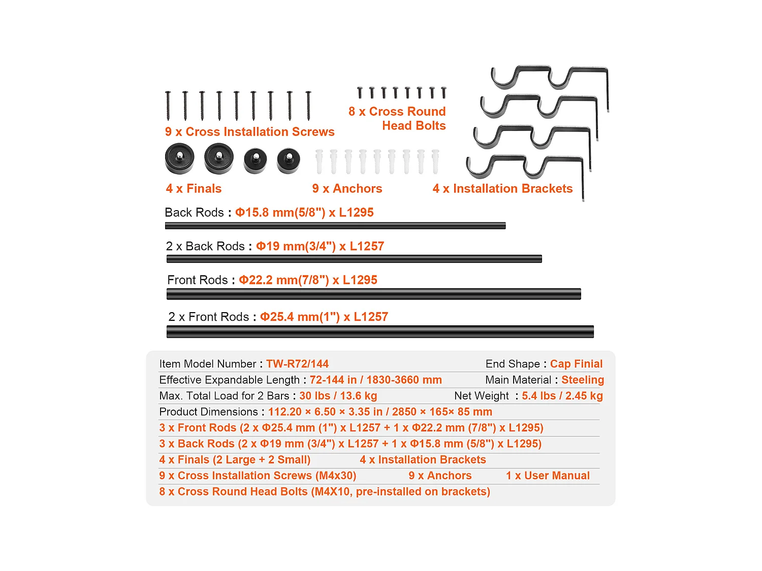 Tringles à Rideaux à Double Tige SucceBuy, de 183 à 366 cm de Longueur Réglable avec Embouts de Capuchon