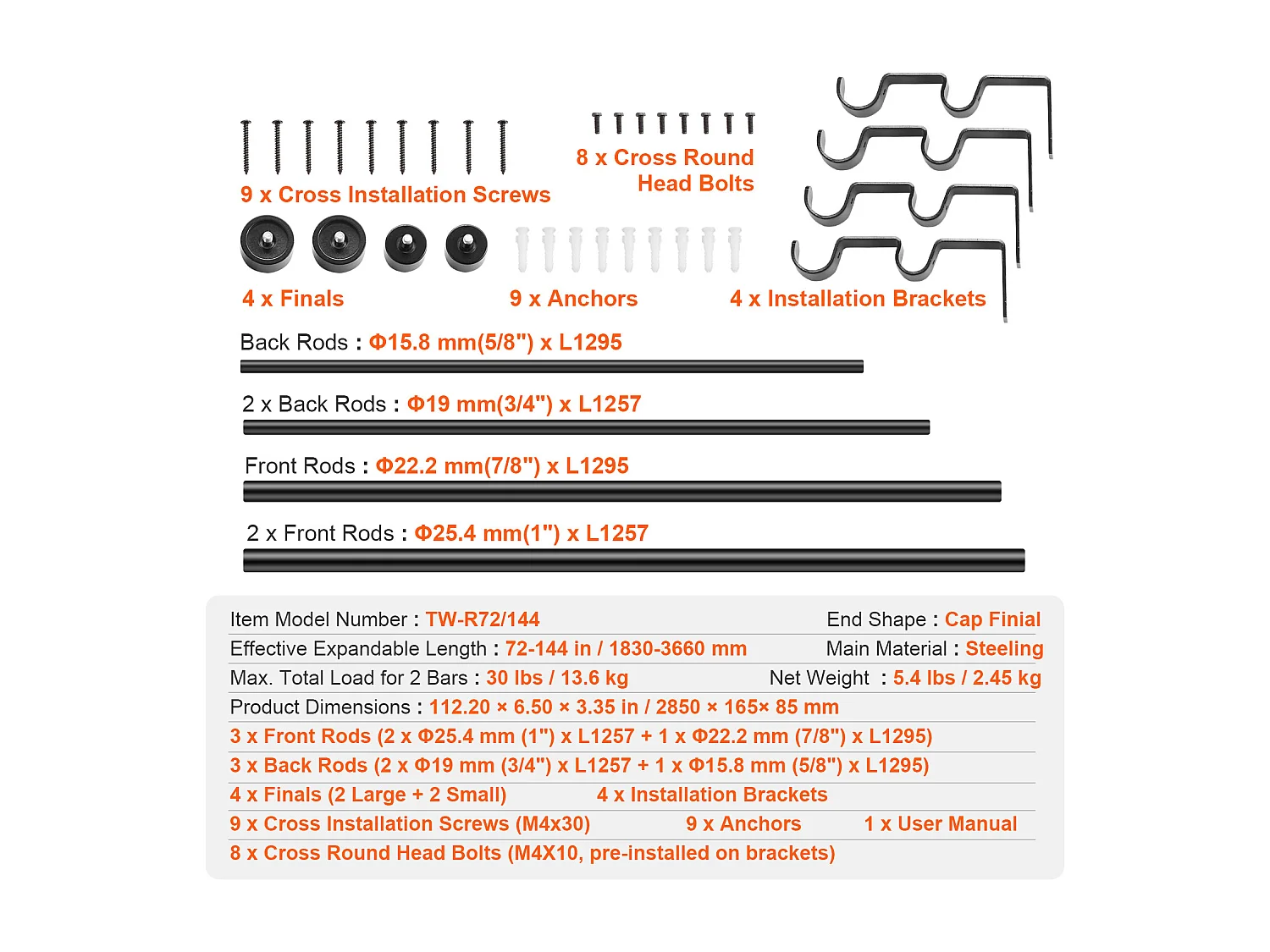 Tringles à Rideaux à Double Tige SucceBuy, de 183 à 366 cm de Longueur Réglable avec Embouts de Capuchon