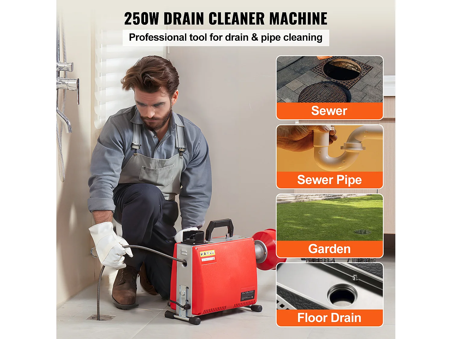 Machine de Nettoyage de Drain SucceBuy 20 m x 16 mm 250 W, Serpent d'Égout à Alimentation Manuelle