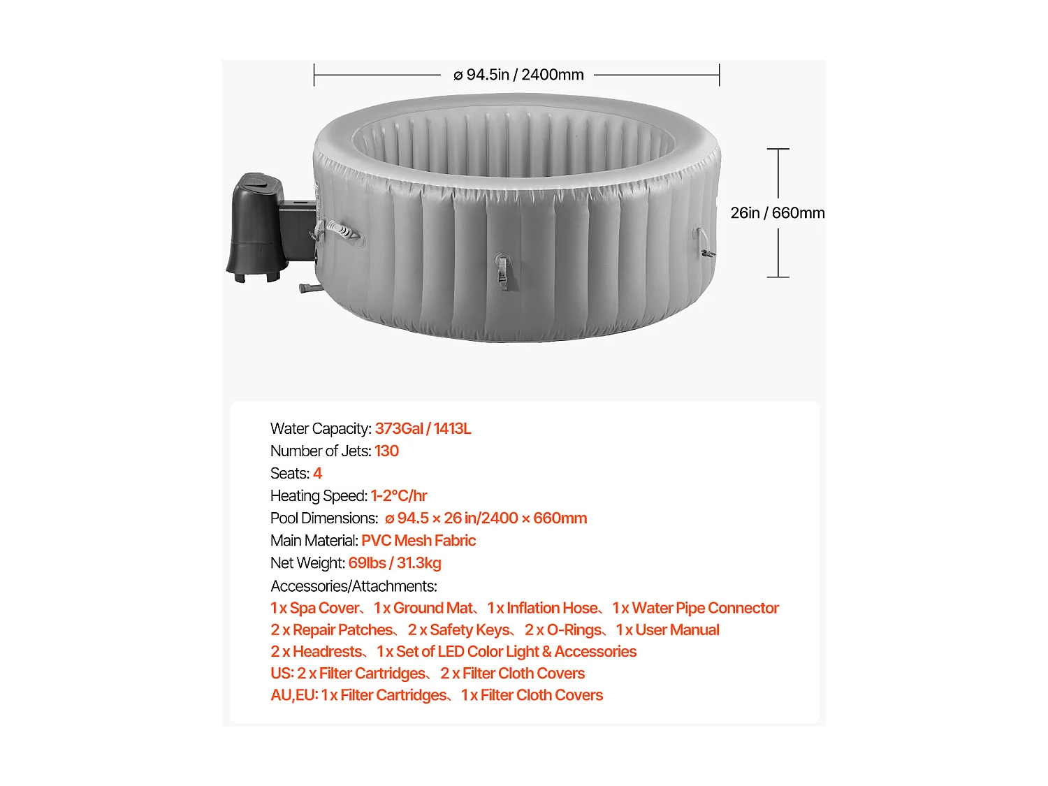 Spa Gonflable Rond Bains SucceBuy, à Remous d’Extérieur 6-8 Personnes, 240x 66 cm