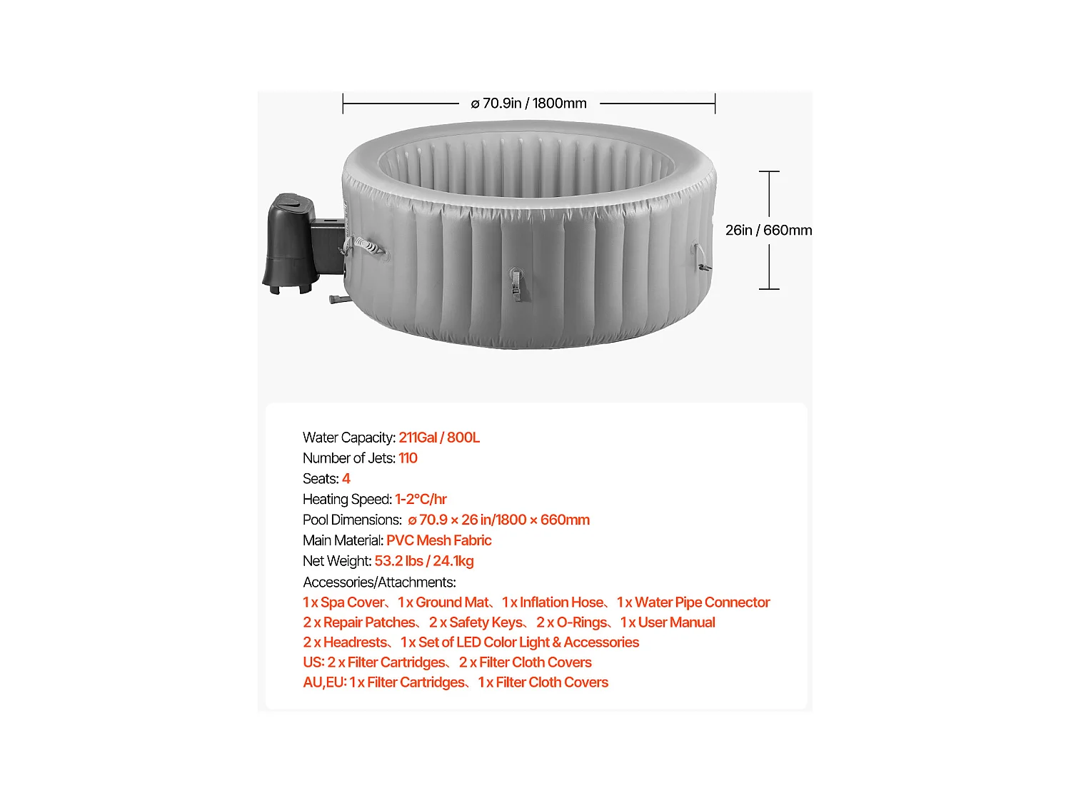 Spa Gonflable Rond Bains SucceBuy, à Remous d’Extérieur 2-4 Personnes, 180x 66 cm