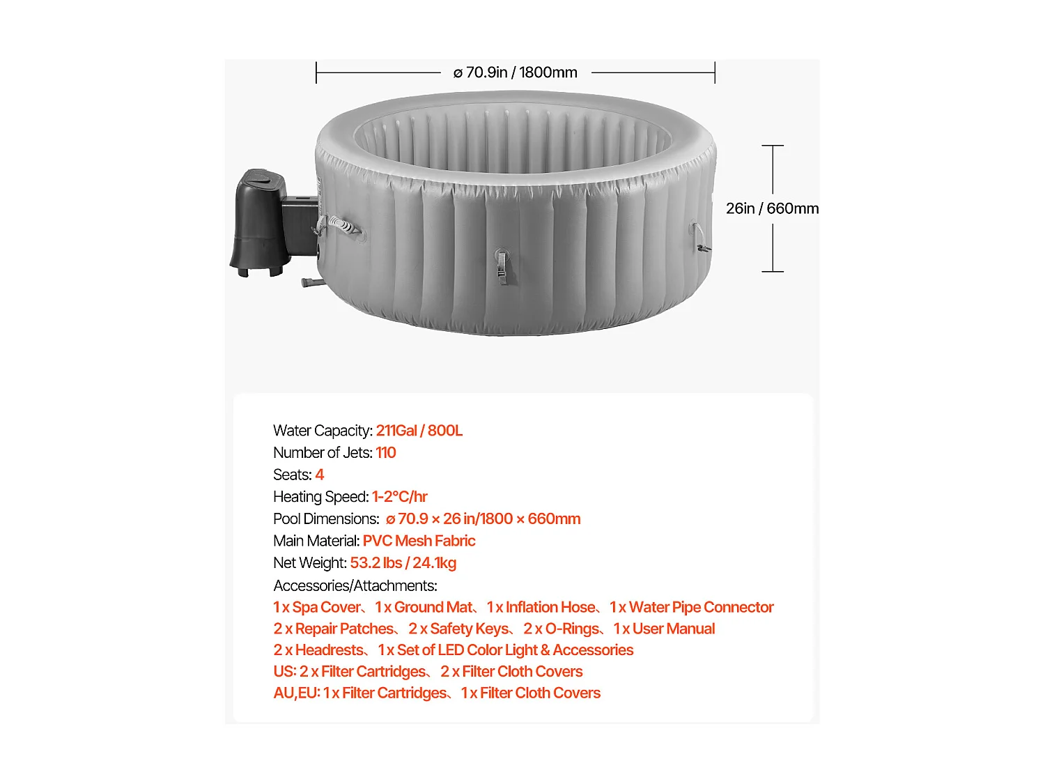Spa Gonflable Rond Bains SucceBuy, à Remous d’Extérieur 2-4 Personnes, 180x 66 cm