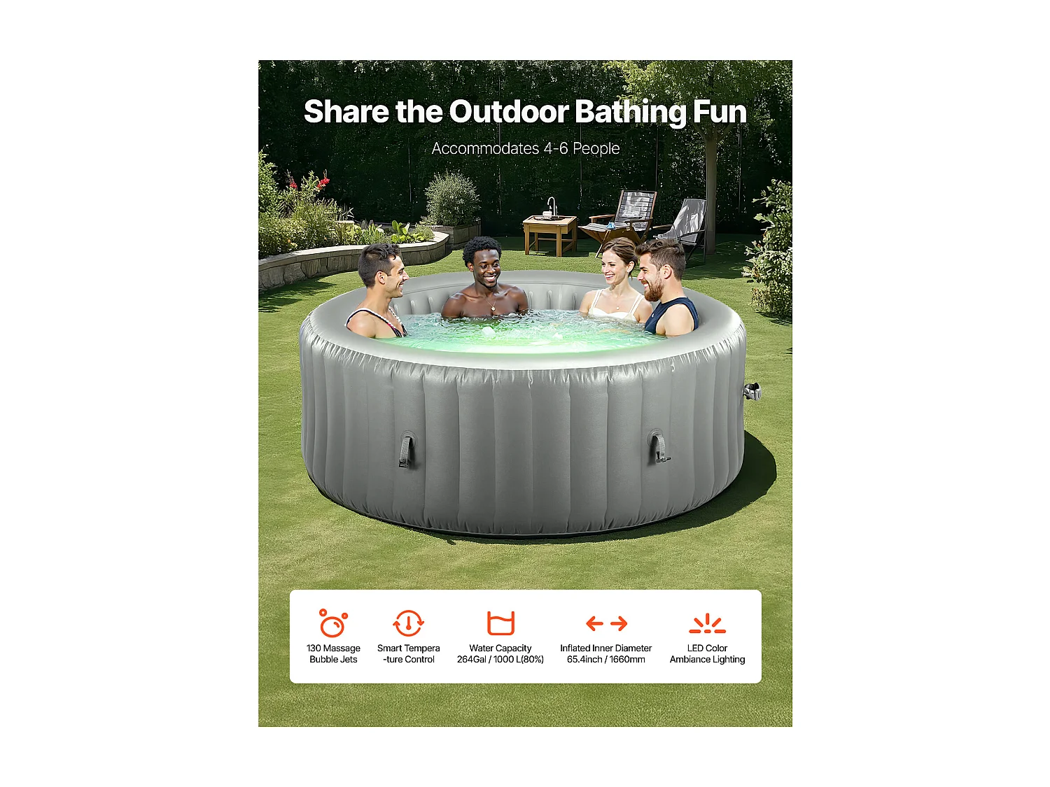 Opblaasbare Ronde Spa SucceBuy, met Buitenbubbelbad, Draagbaar, 208 x 66 cm, Grijs