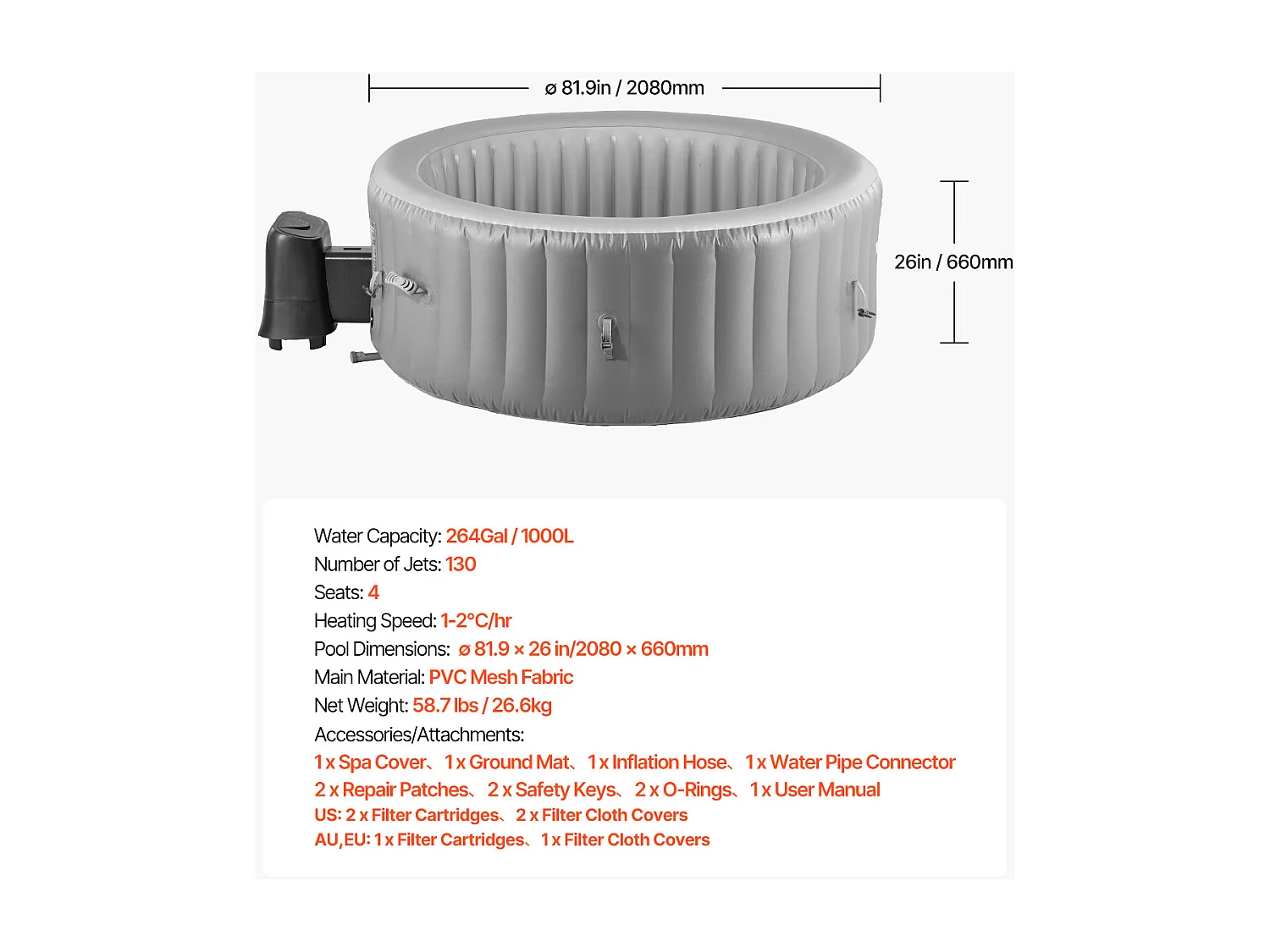 Spa Inflável Redondo SucceBuy, com Hidromassagem para Exterior, para 4-6 Pessoas, 208 x 66 cm