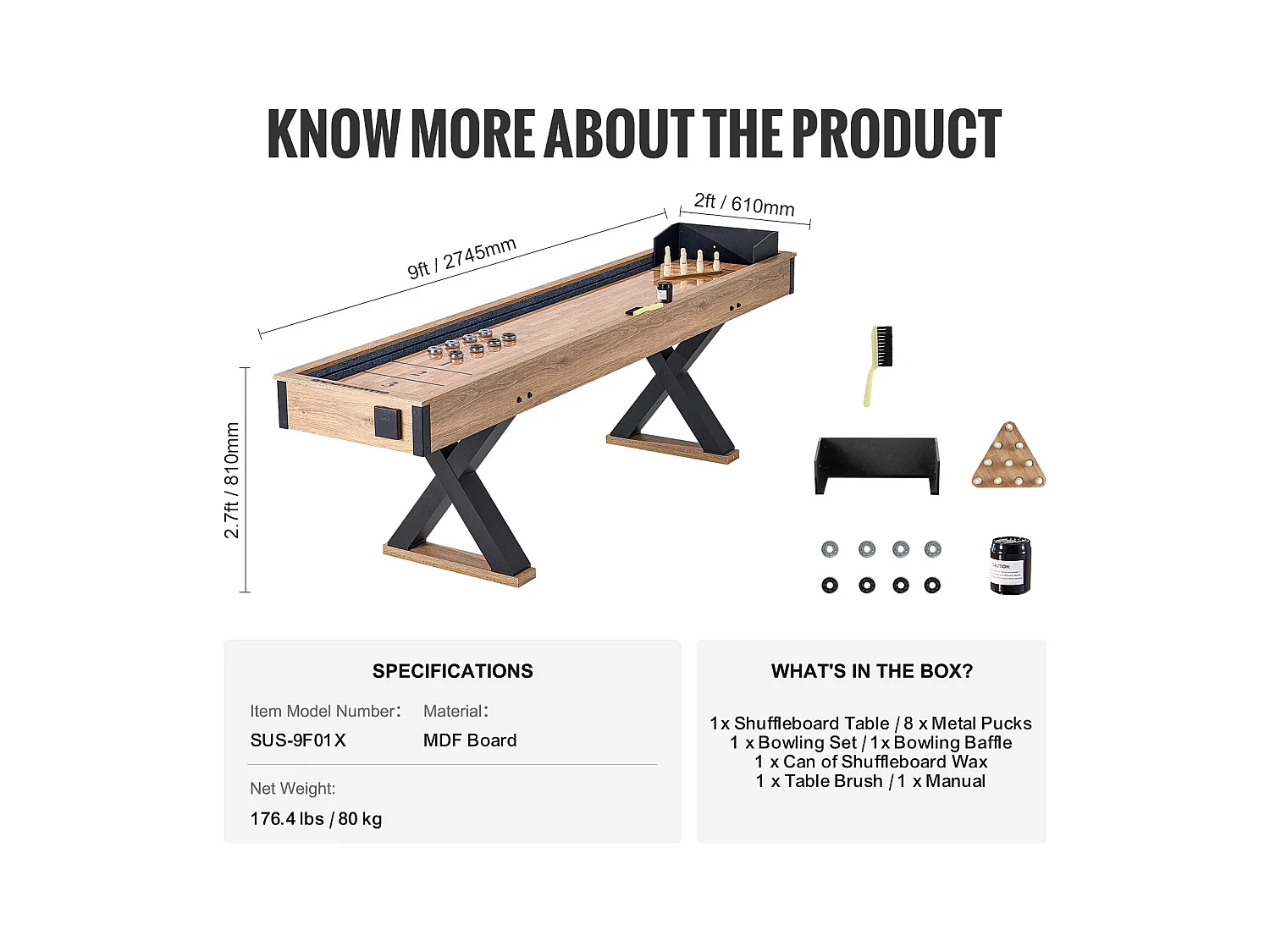 Mesa de Juego de Paletas y Bolos SucceBuy, 274,3 cm, con MDF Grueso y Patas en X, para Diversas Ocasiones