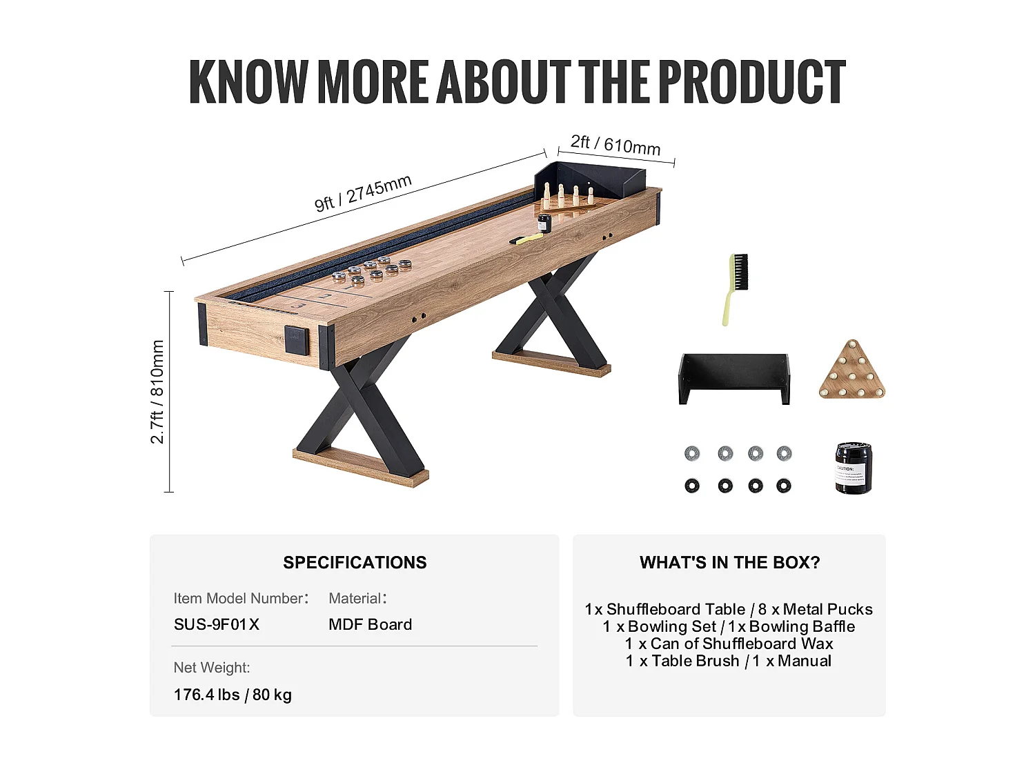 Mesa de Juego de Paletas y Bolos SucceBuy, 274,3 cm, con MDF Grueso y Patas en X, para Diversas Ocasiones