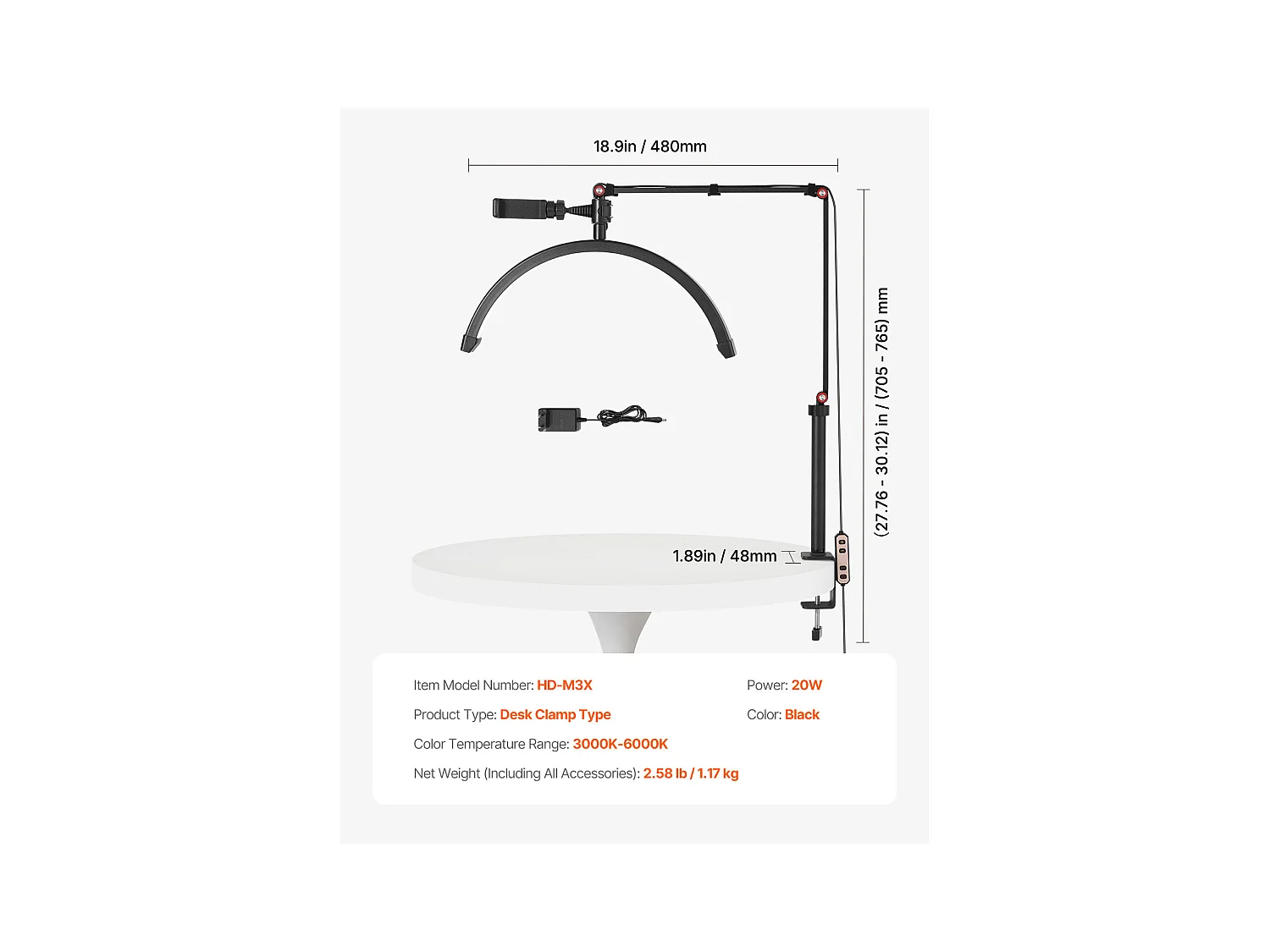 Lampe d’Esthéticienne, SucceBuy, Lampe à Cils Demi-lune 20 W à Pince avec Support pour Téléphone - LED Arquée
