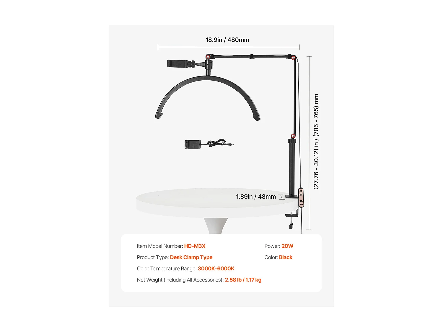 Lampa do Rzęs, SucceBuy, Lampa do Rzęs Półksiężyc 20 W z Zaciskiem i Uchwytem na Telefon - Wygięta LED