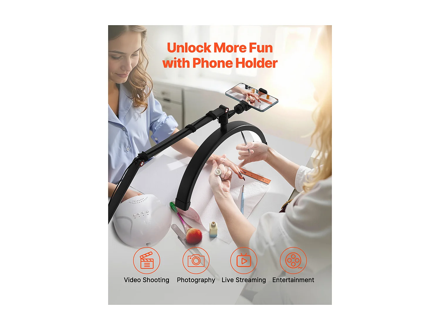 Lampa do Rzęs, SucceBuy, Lampa do Rzęs Półksiężyc 20 W z Zaciskiem i Uchwytem na Telefon - Wygięta LED