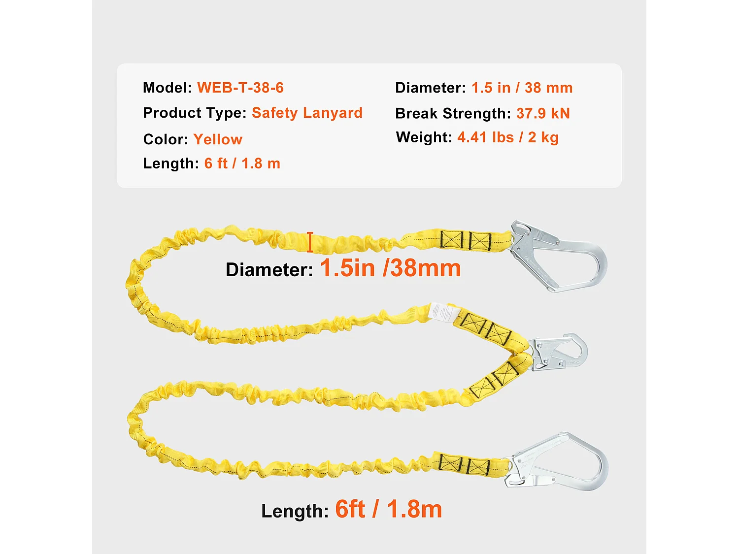 Arnes de Seguridad SucceBuy 3.8 cm 1.83 m Arnes de Protección contra Caídas 2 Ganchos Amarillo, Cinturón de Seguridad Retráctil para Trepar a los Árboles