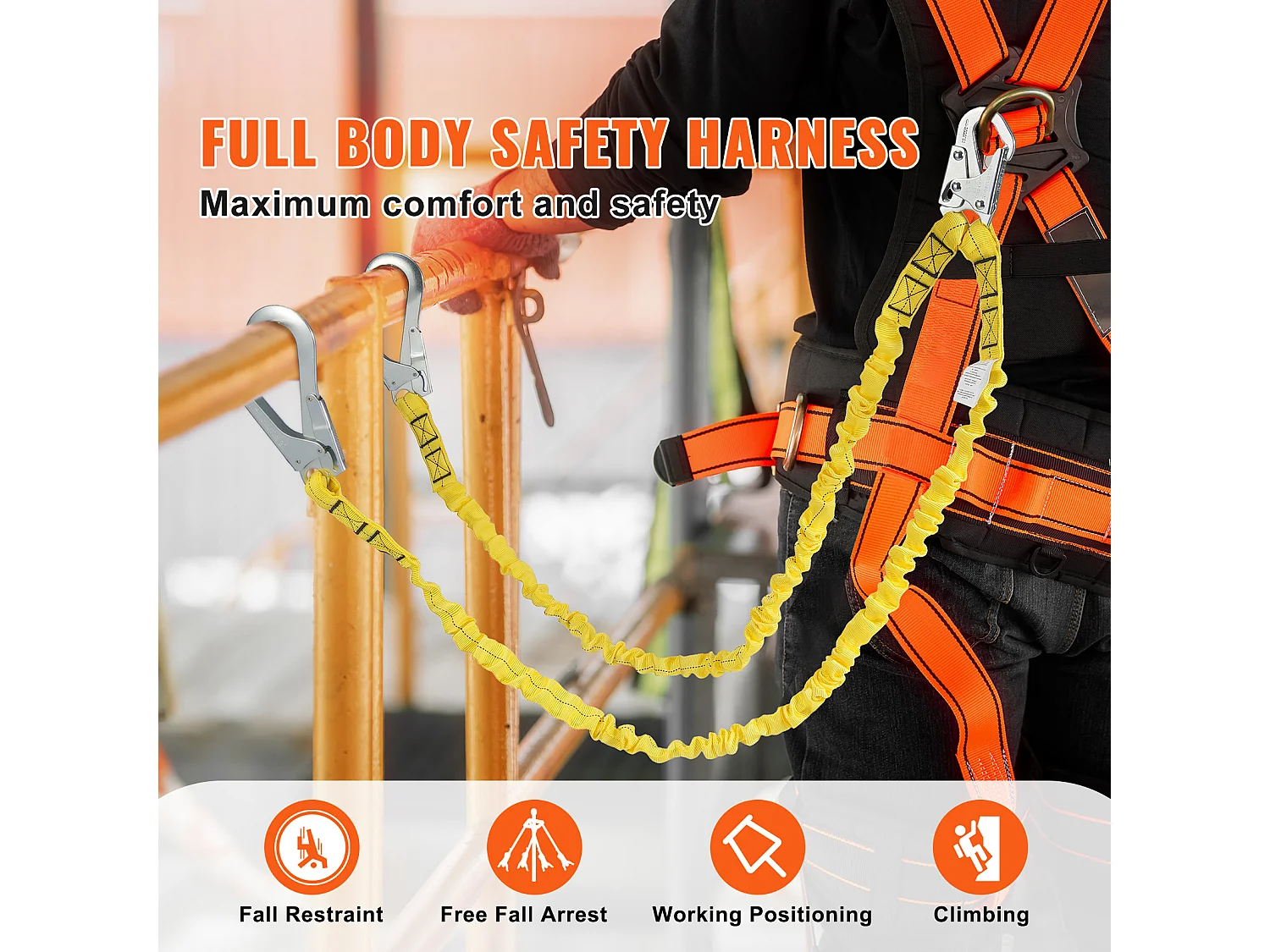 Arnes de Seguridad SucceBuy 3.8 cm 1.83 m Arnes de Protección contra Caídas 2 Ganchos Amarillo, Cinturón de Seguridad Retráctil para Trepar a los Árboles