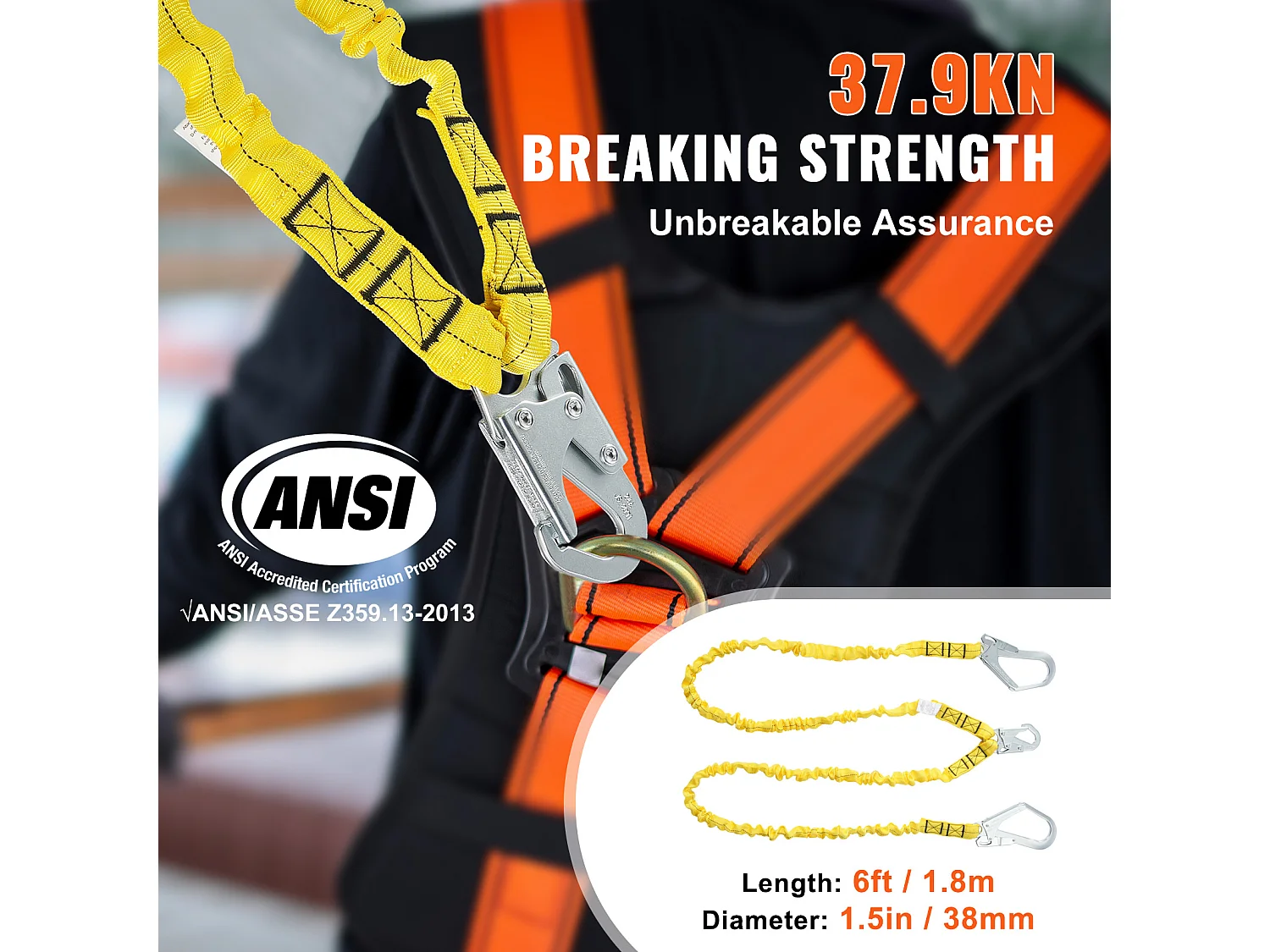 Arnes de Seguridad SucceBuy 3.8 cm 1.83 m Arnes de Protección contra Caídas 2 Ganchos Amarillo, Cinturón de Seguridad Retráctil para Trepar a los Árboles