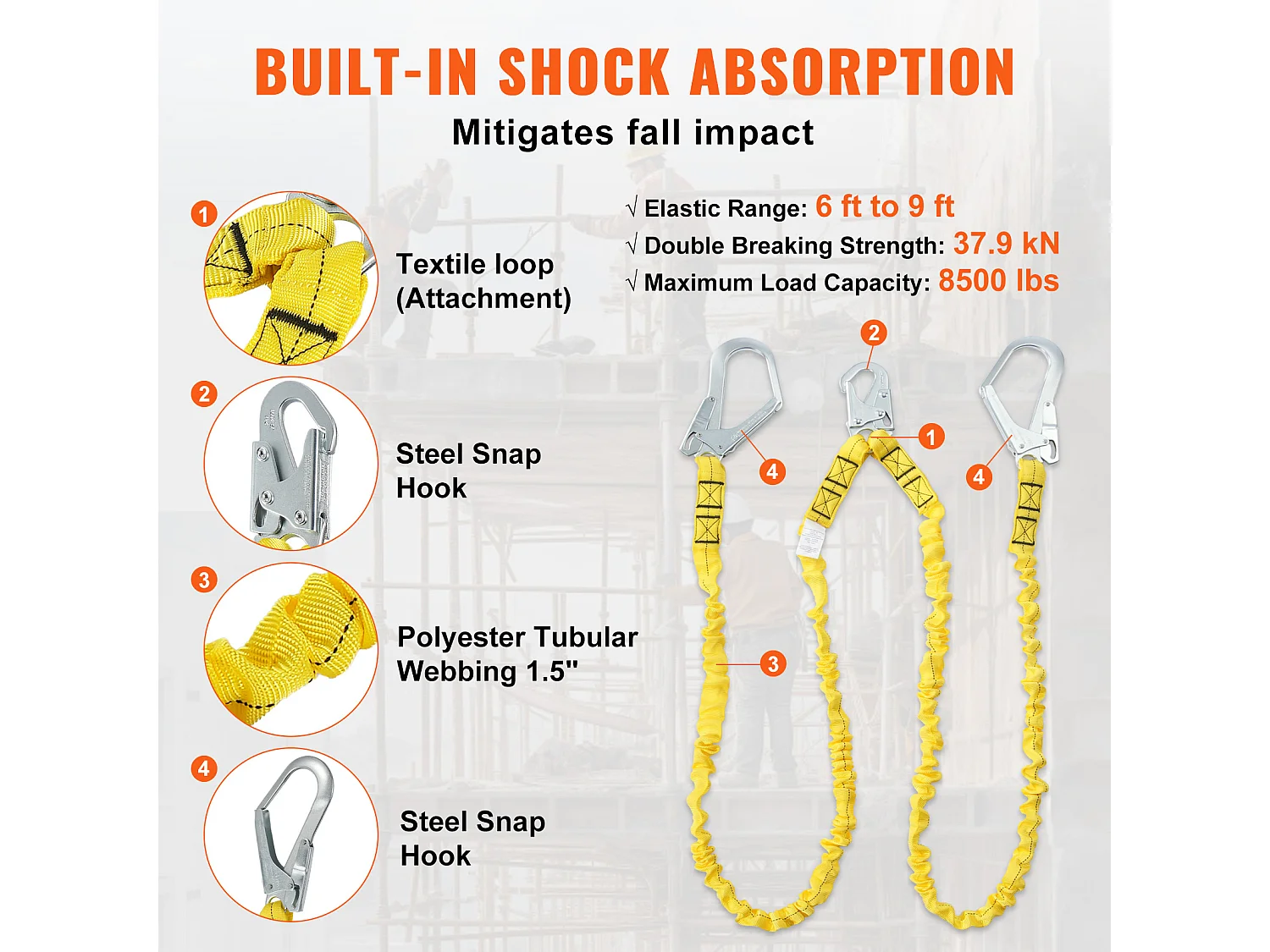 Arnes de Seguridad SucceBuy 3.8 cm 1.83 m Arnes de Protección contra Caídas 2 Ganchos Amarillo, Cinturón de Seguridad Retráctil para Trepar a los Árboles