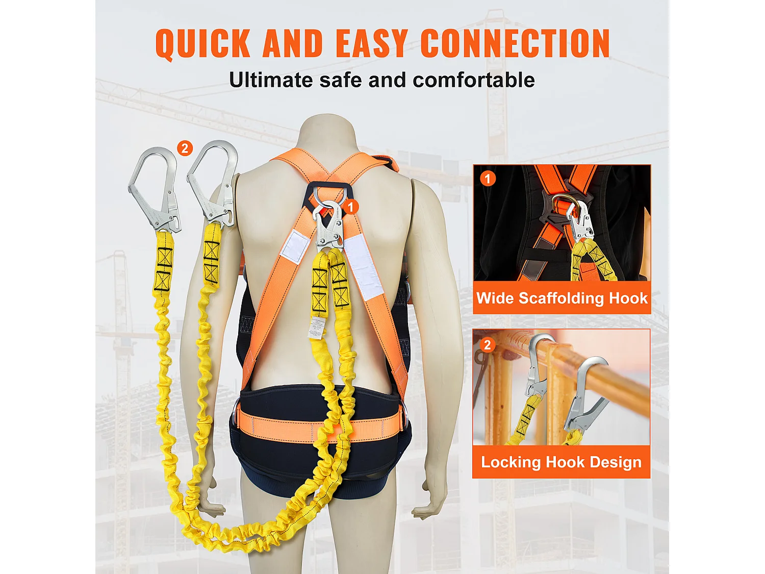 Arnes de Seguridad SucceBuy 3.8 cm 1.83 m Arnes de Protección contra Caídas 2 Ganchos Amarillo, Cinturón de Seguridad Retráctil para Trepar a los Árboles