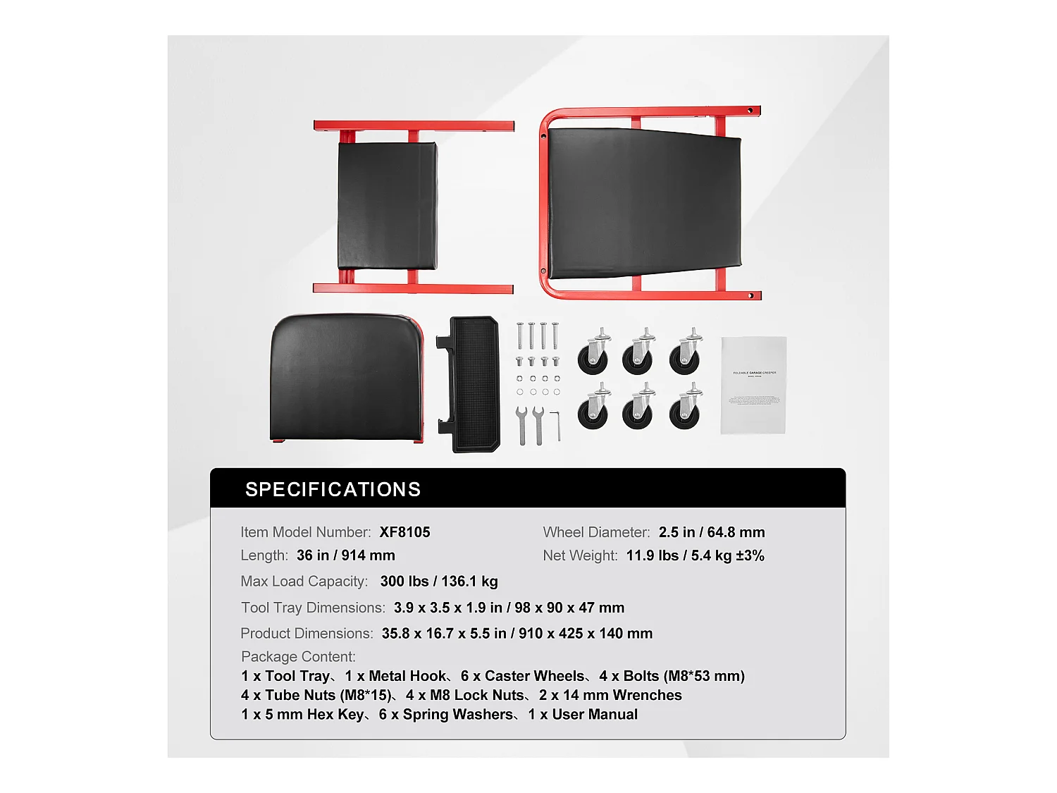 Chariot de Visite SucceBuy Tabouret de Garage Pliable de 91cm, Capacité de 136kg pour Mécanicien, Équipé de Six Roulettes Pivotantes à 360° de 6,48 cm