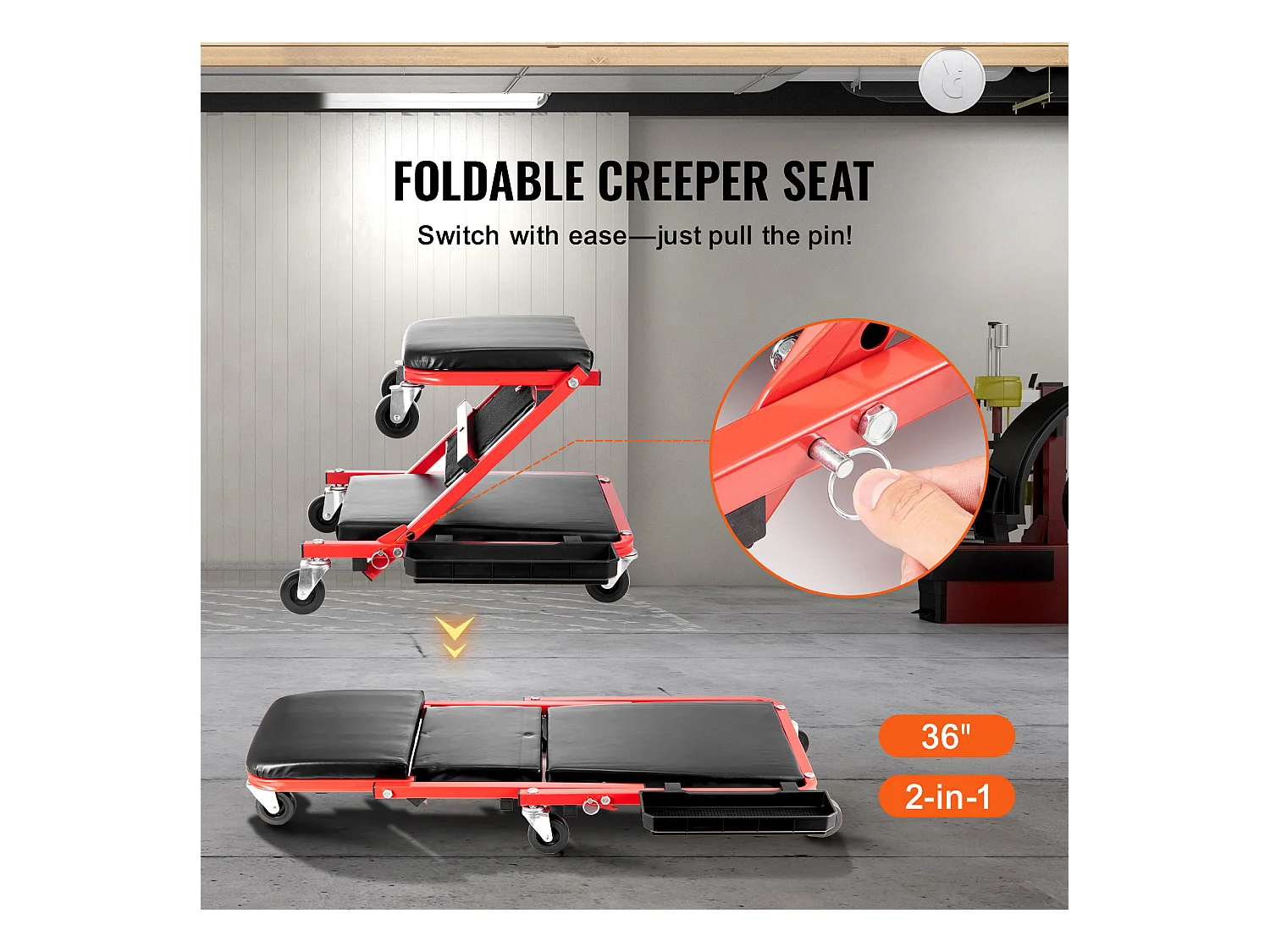 Chariot de Visite SucceBuy Tabouret de Garage Pliable de 91cm, Capacité de 136kg pour Mécanicien, Équipé de Six Roulettes Pivotantes à 360° de 6,48 cm