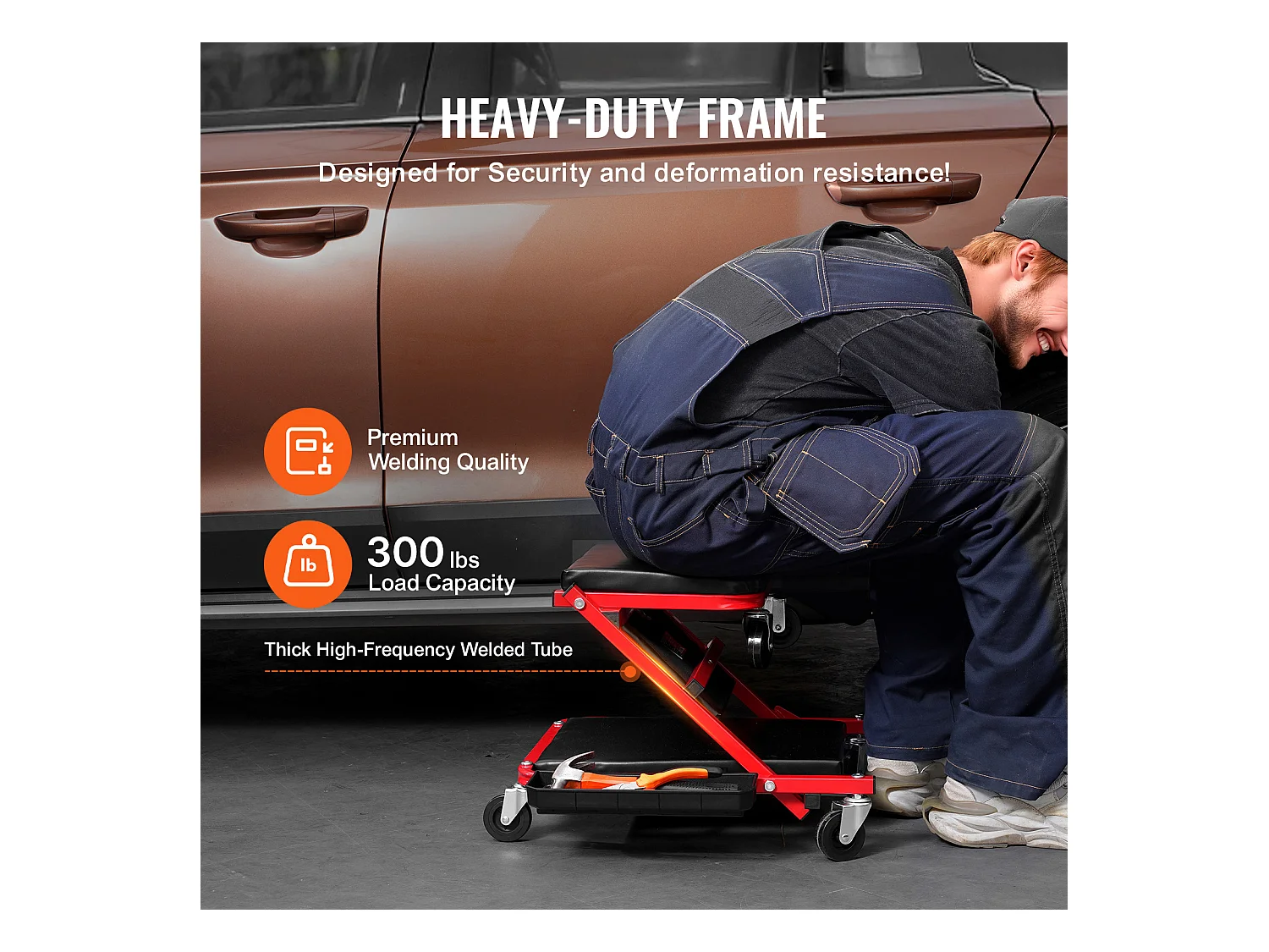 Chariot de Visite SucceBuy Tabouret de Garage Pliable de 91cm, Capacité de 136kg pour Mécanicien, Équipé de Six Roulettes Pivotantes à 360° de 6,48 cm