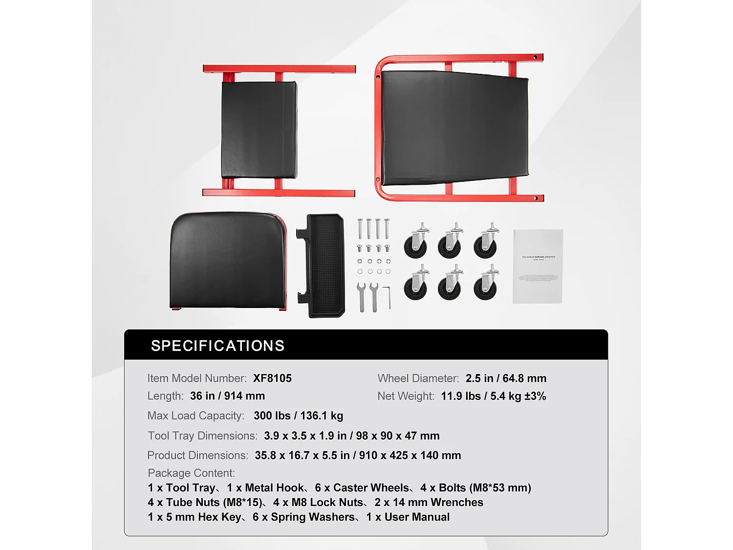 Chariot de Visite SucceBuy Tabouret de Garage Pliable de 91cm, Capacité de 136kg pour Mécanicien, Équipé de Six Roulettes Pivotantes à 360° de 6,48 cm
