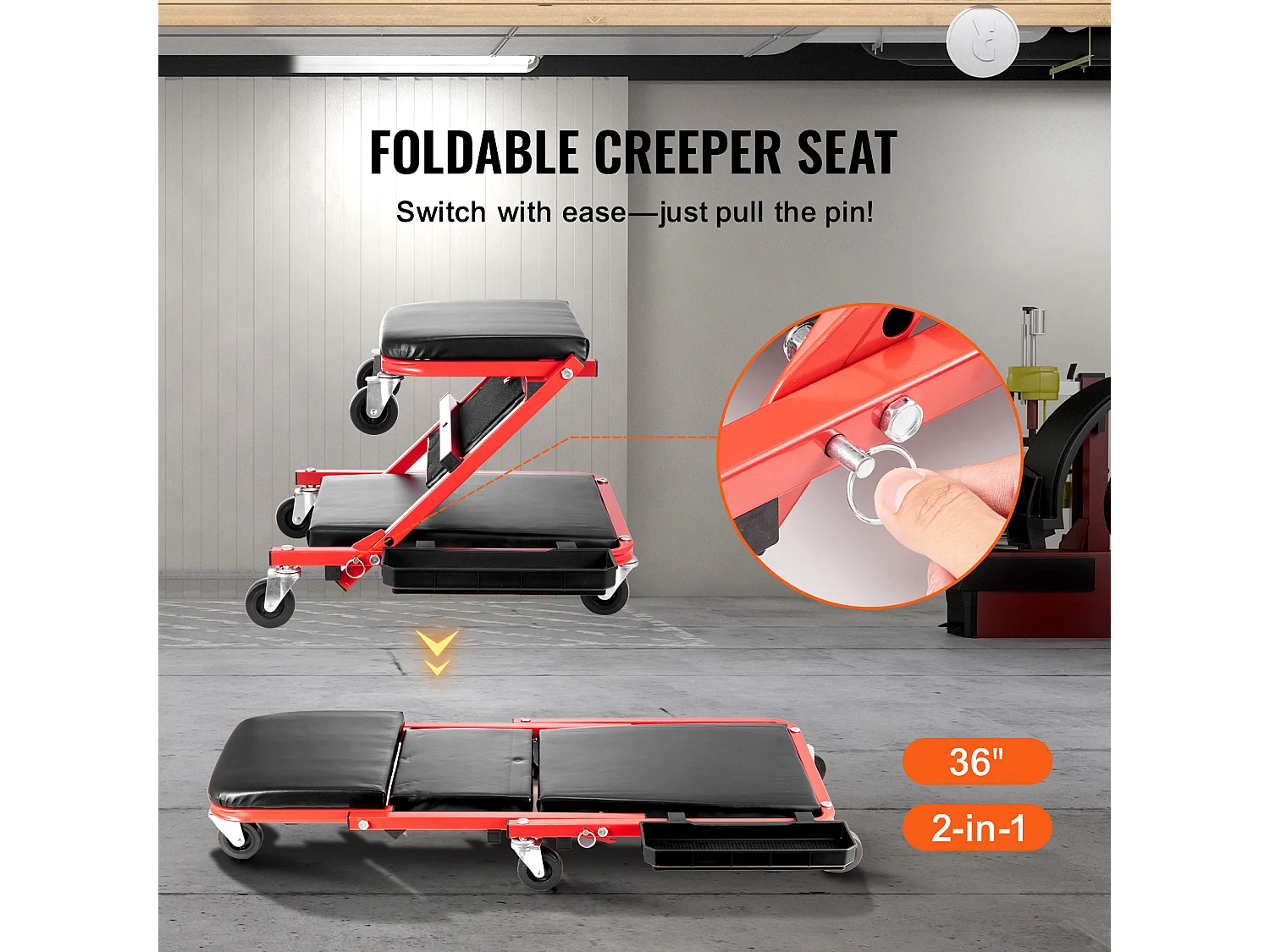 Chariot de Visite SucceBuy Tabouret de Garage Pliable de 91cm, Capacité de 136kg pour Mécanicien, Équipé de Six Roulettes Pivotantes à 360° de 6,48 cm