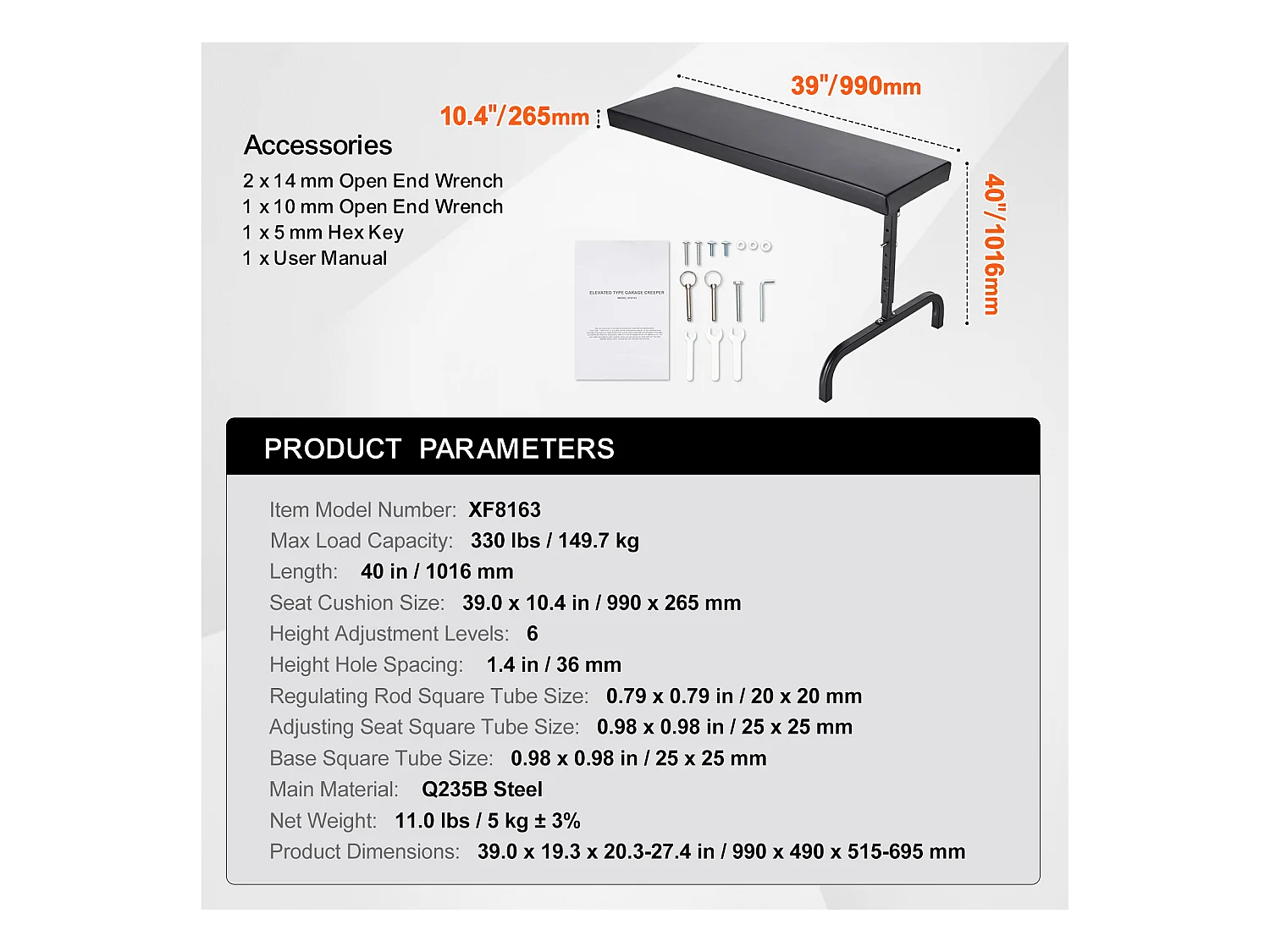 Chariot de Visite SucceBuy 102cm sous le Tableau de Bord Creeper 150kg Roulant, Hauteur Réglable