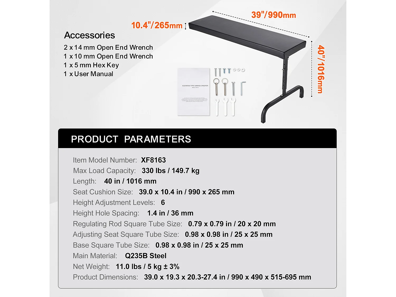 Wózek Obsługowy SucceBuy 102cm pod Deską Rozdzielczą Creeper 150kg Jezdny, Wysokość Regulowana