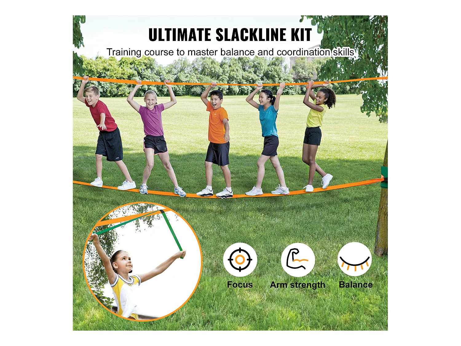 Kit Slackline Complet SucceBuy, 152,4 cm avec Ligne d'Entraînement, Slackline d'Arrière-Cour pour Enfants