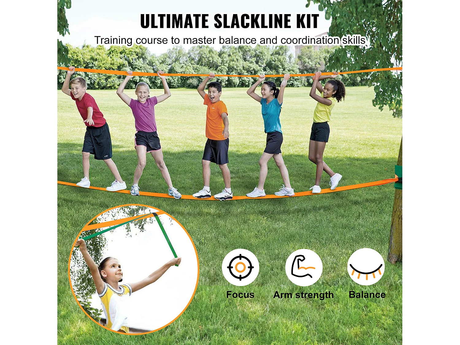 Kit Slackline Complet SucceBuy, 152,4 cm avec Ligne d'Entraînement, Slackline d'Arrière-Cour pour Enfants