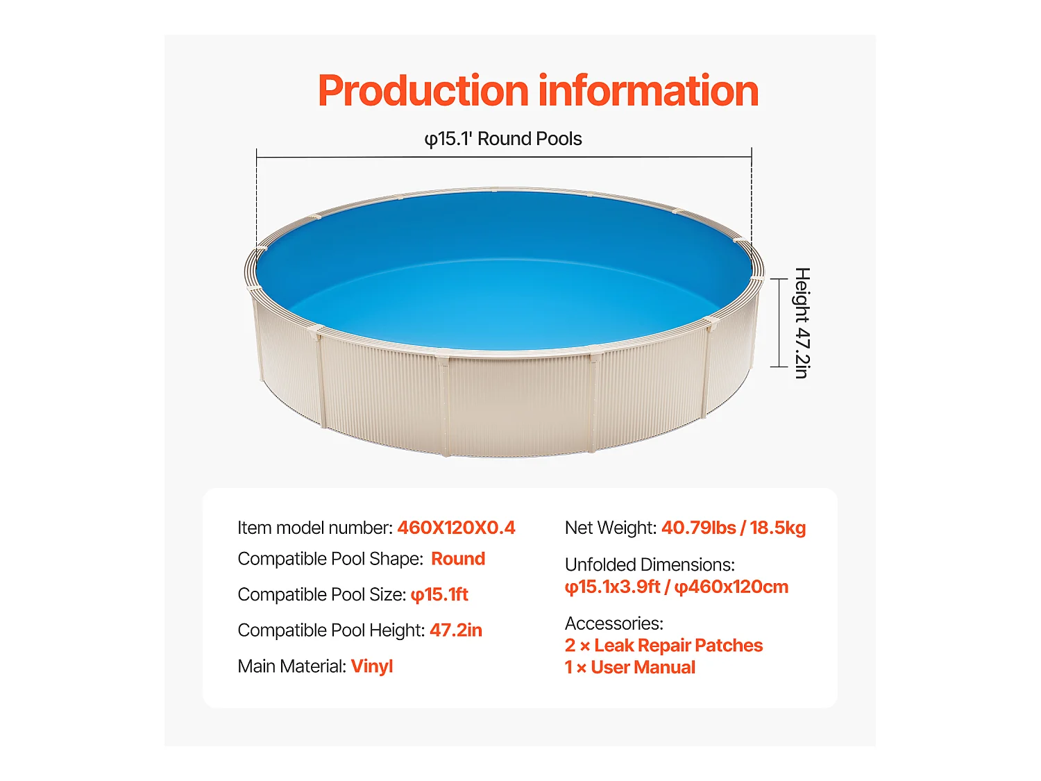Revêtement de Piscine SucceBuy Ronde, 460x120 cm, Couleur Unie, Résistante Perforations et Fuites