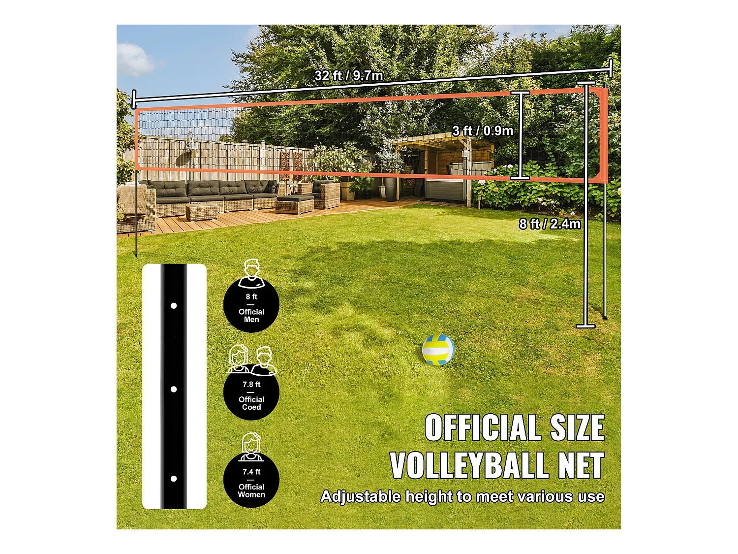 Filet de Volley-Ball SucceBuy Portable D'extérieur de Système, avec Poteaux à Hauteur Réglable, sac de Transport pour Jardin, Plage, Pelouse
