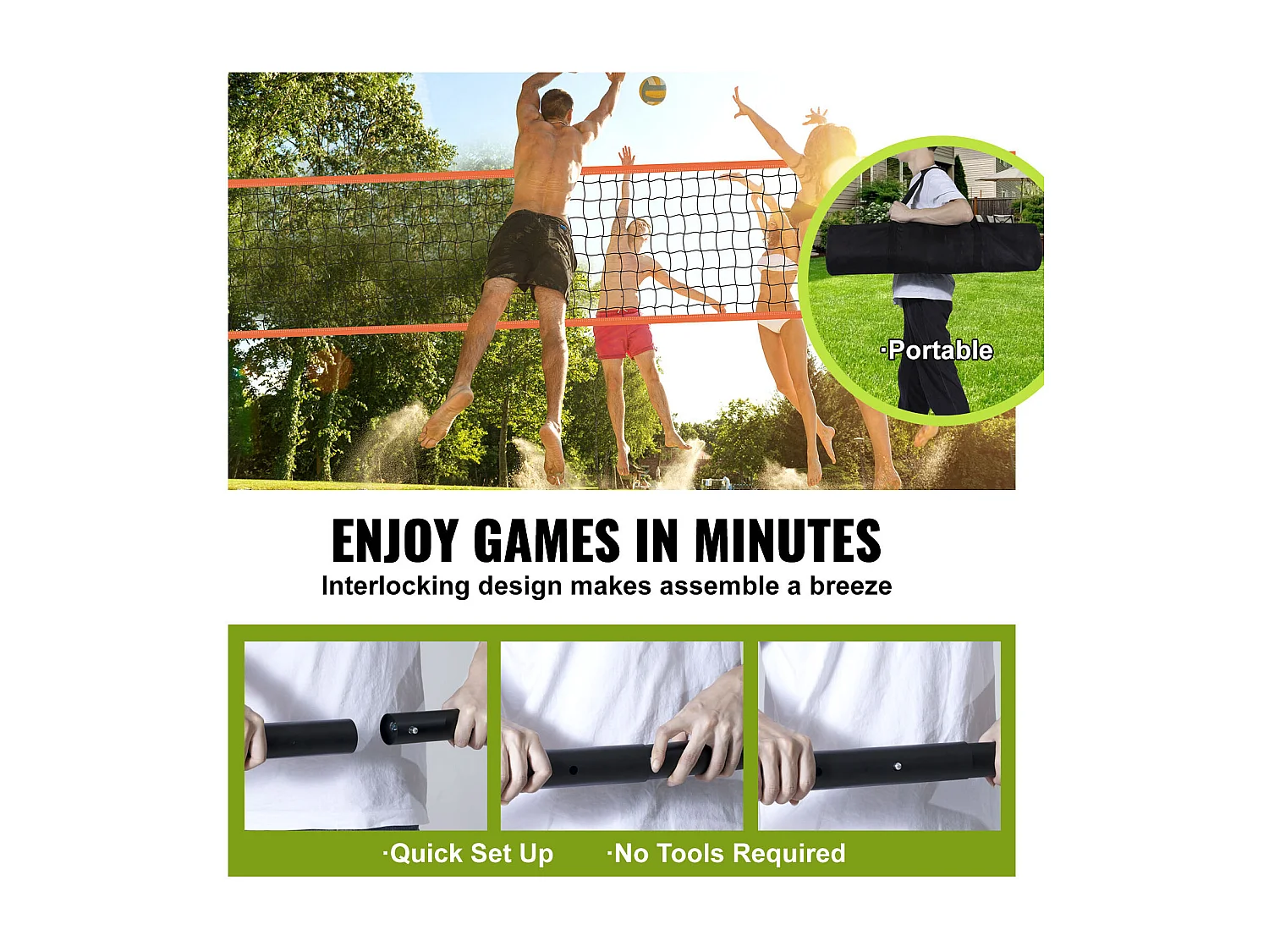 Filet de Volley-Ball SucceBuy Portable D'extérieur de Système, avec Poteaux à Hauteur Réglable, sac de Transport pour Jardin, Plage, Pelouse