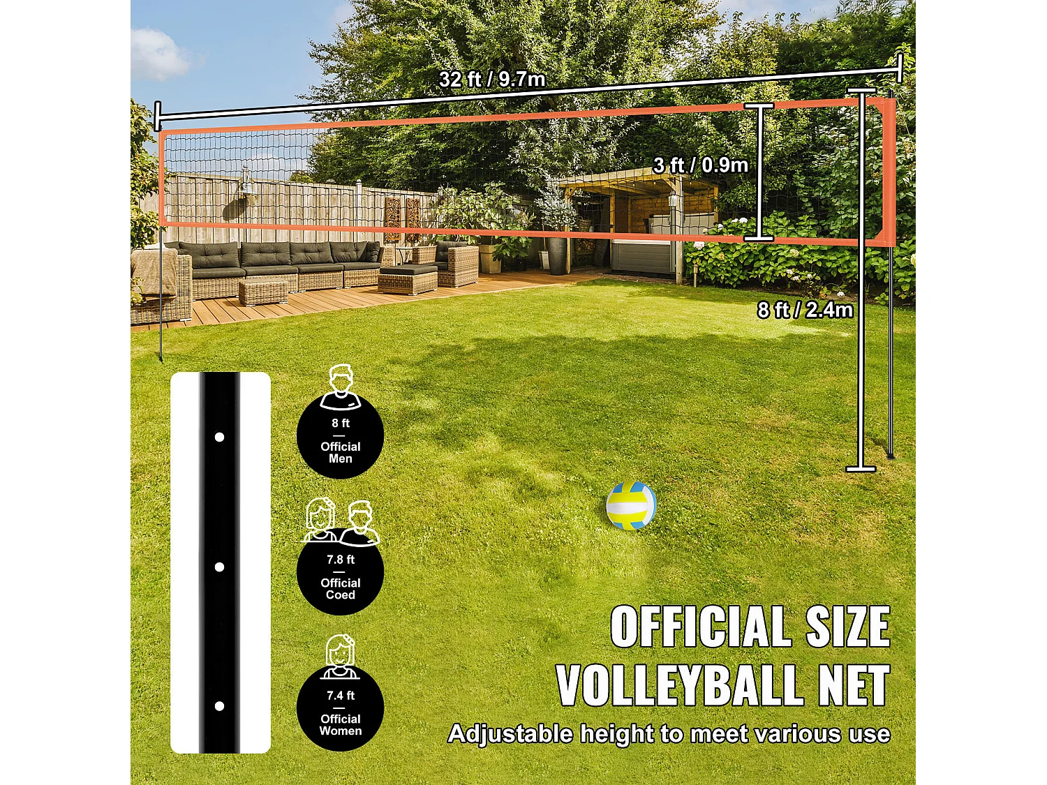 Filet de Volley-Ball SucceBuy Portable D'extérieur de Système, avec Poteaux à Hauteur Réglable, sac de Transport pour Jardin, Plage, Pelouse