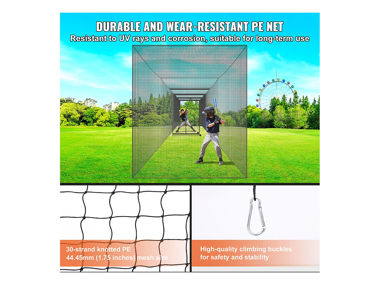 Filet d'Entraînement de Baseball Professionnel SucceBuy, 21,7 m, Filet en PE Fermé Robuste Extérieur, avec Porte et Sac de Transport