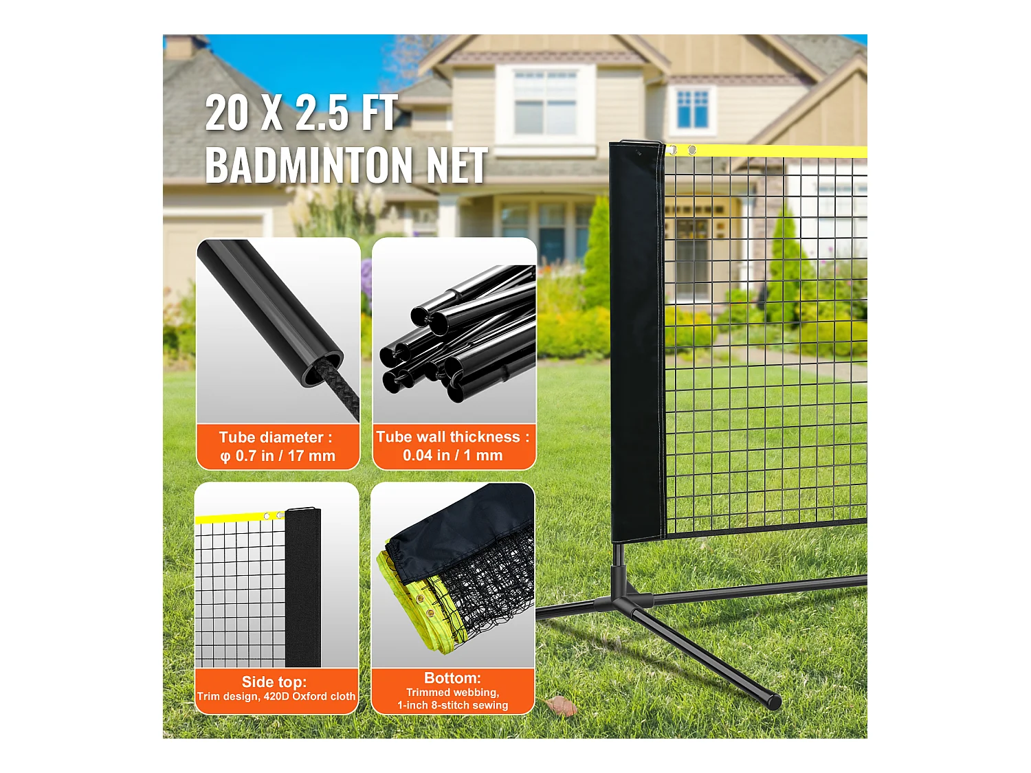 Filet de Badminton, SucceBuy Filet de Badminton de 6,06 m, Filet de Tennis Portatif Extérieur pour Volley-ball et Pickleball
