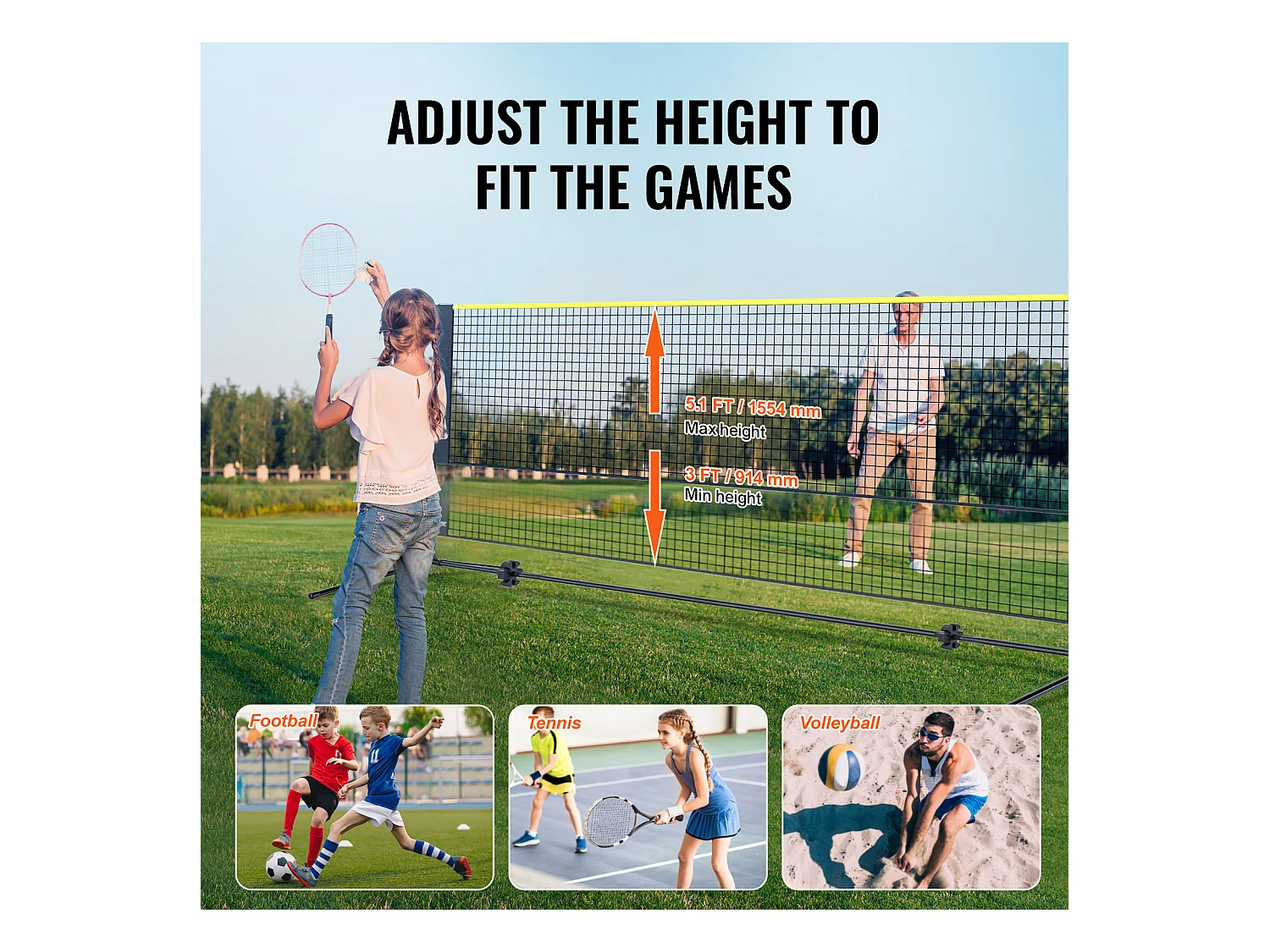 Filet de Badminton, SucceBuy Filet de Badminton de 6,06 m, Filet de Tennis Portatif Extérieur pour Volley-ball et Pickleball