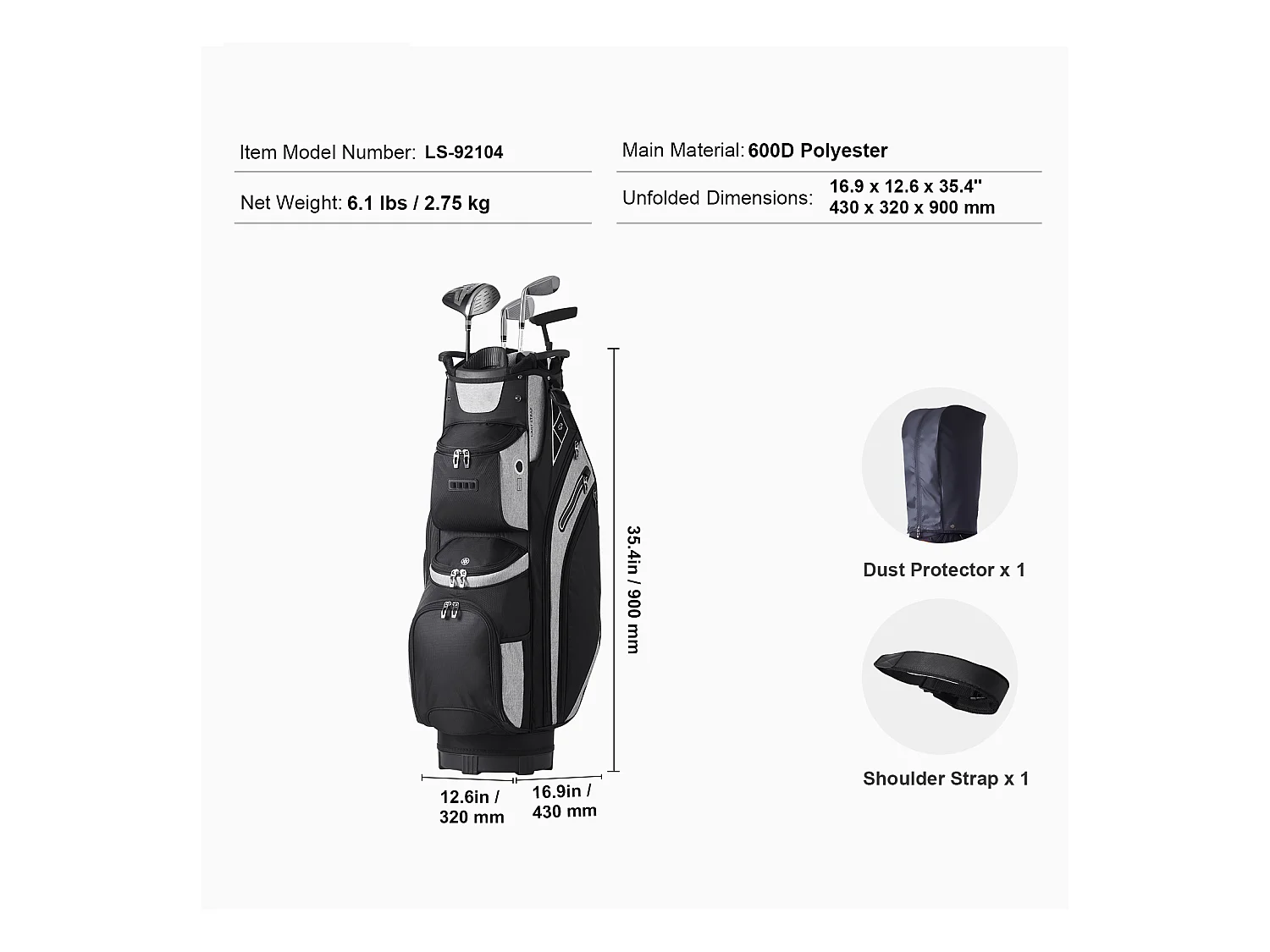 Golf Tas voor Trolley SucceBuy 91,44 cm met 14-Vaksverdeler en Meerdere Vakken aan de Bovenkant Kies de Kleur