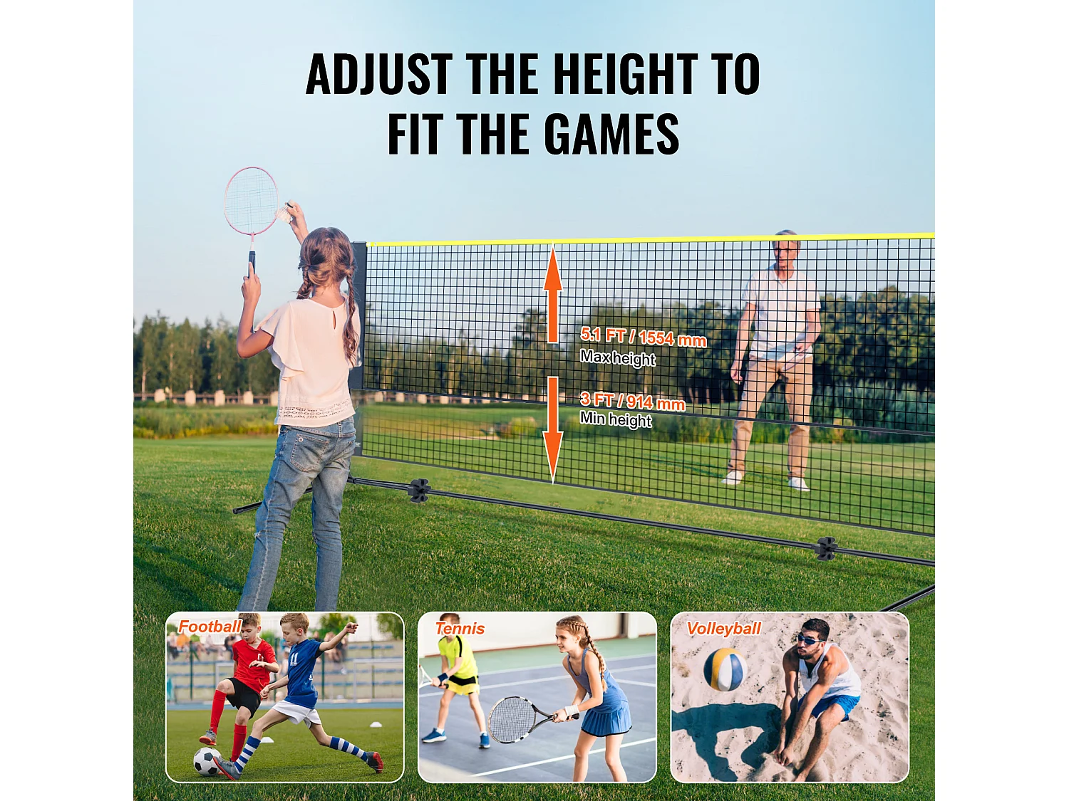 Filet de Badminton, SucceBuy Ensemble de Filet de Badminton de 3,02 m, Filet Multisports Portable, Réglable pour Jouer en Plein Air