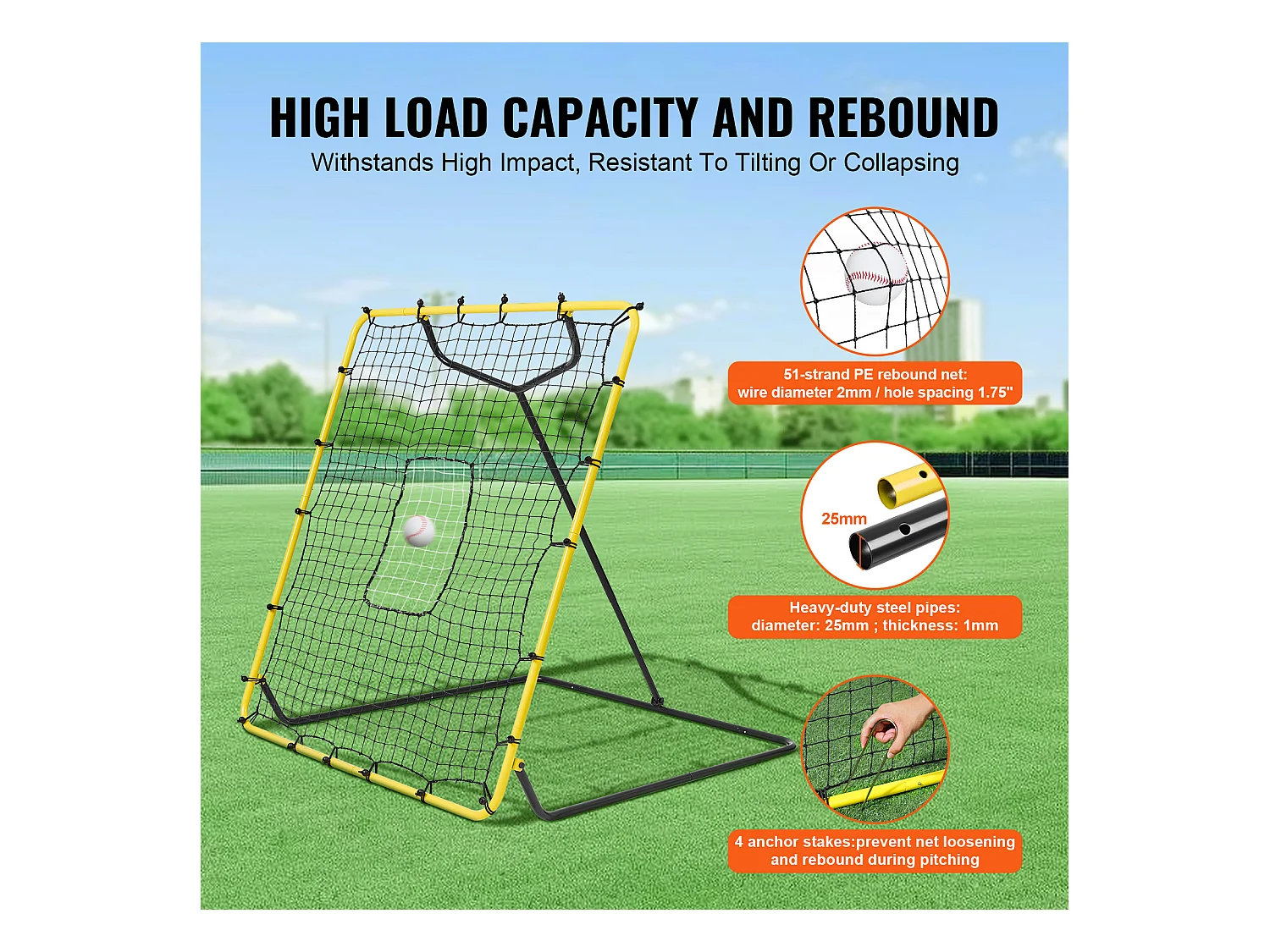 Filet de Rebond SucceBuy pour Baseball et Softball, 122 x 137 cm, avec Angles Réglables, pour l'Entraînement au Terrain et au Lancer
