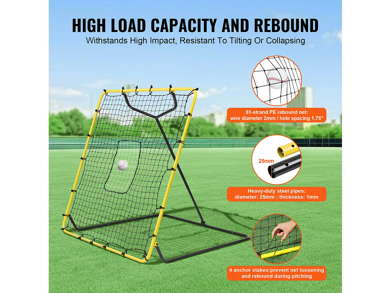 Filet de Rebond SucceBuy pour Baseball et Softball, 122 x 137 cm, avec Angles Réglables, pour l'Entraînement au Terrain et au Lancer