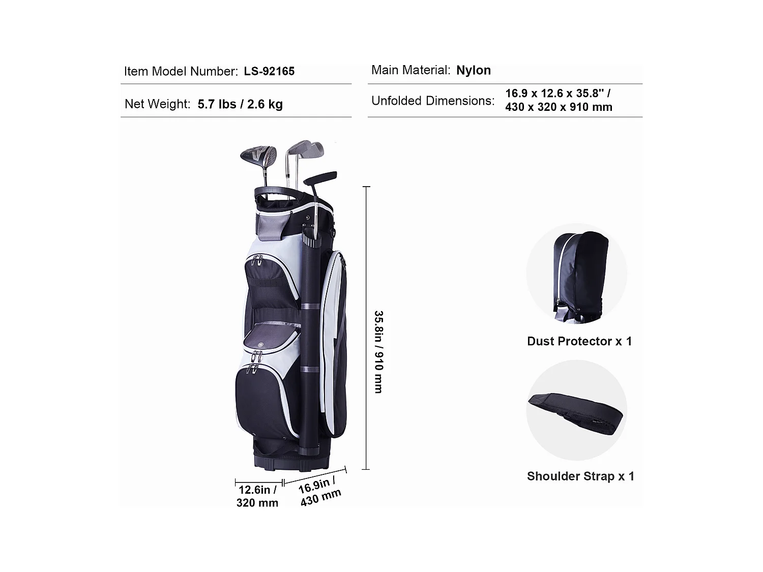Torba Golfowa na Wózek SucceBuy 91,44 cm 14 Przegródek Wiele Kieszeni Czarna