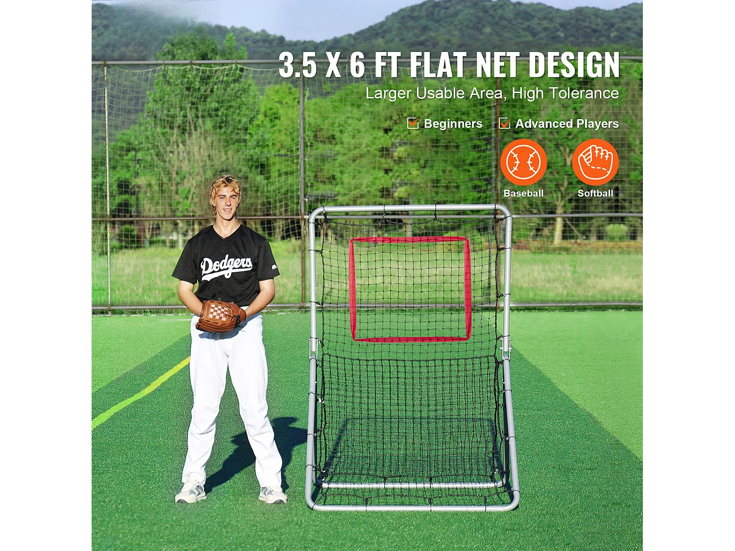Baseball Softball SucceBuy Reboundnet, 110 x 180 cm, met 5 Regelbare Hoeken, voor Veld- en Werptraining
