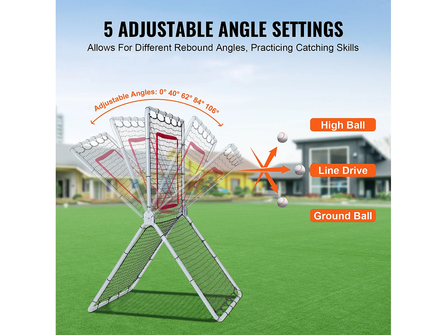 Baseball Softball SucceBuy Reboundnet, 110 x 180 cm, met 5 Regelbare Hoeken, voor Veld- en Werptraining