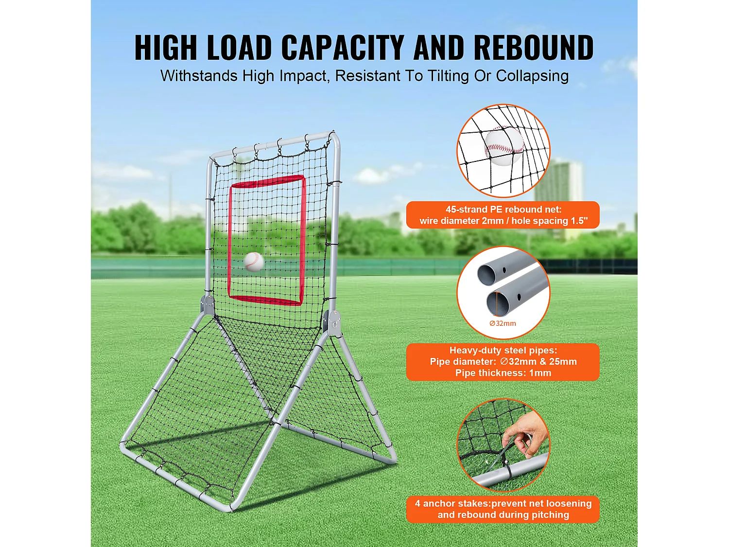 Baseball Softball SucceBuy Reboundnet, 110 x 180 cm, met 5 Regelbare Hoeken, voor Veld- en Werptraining