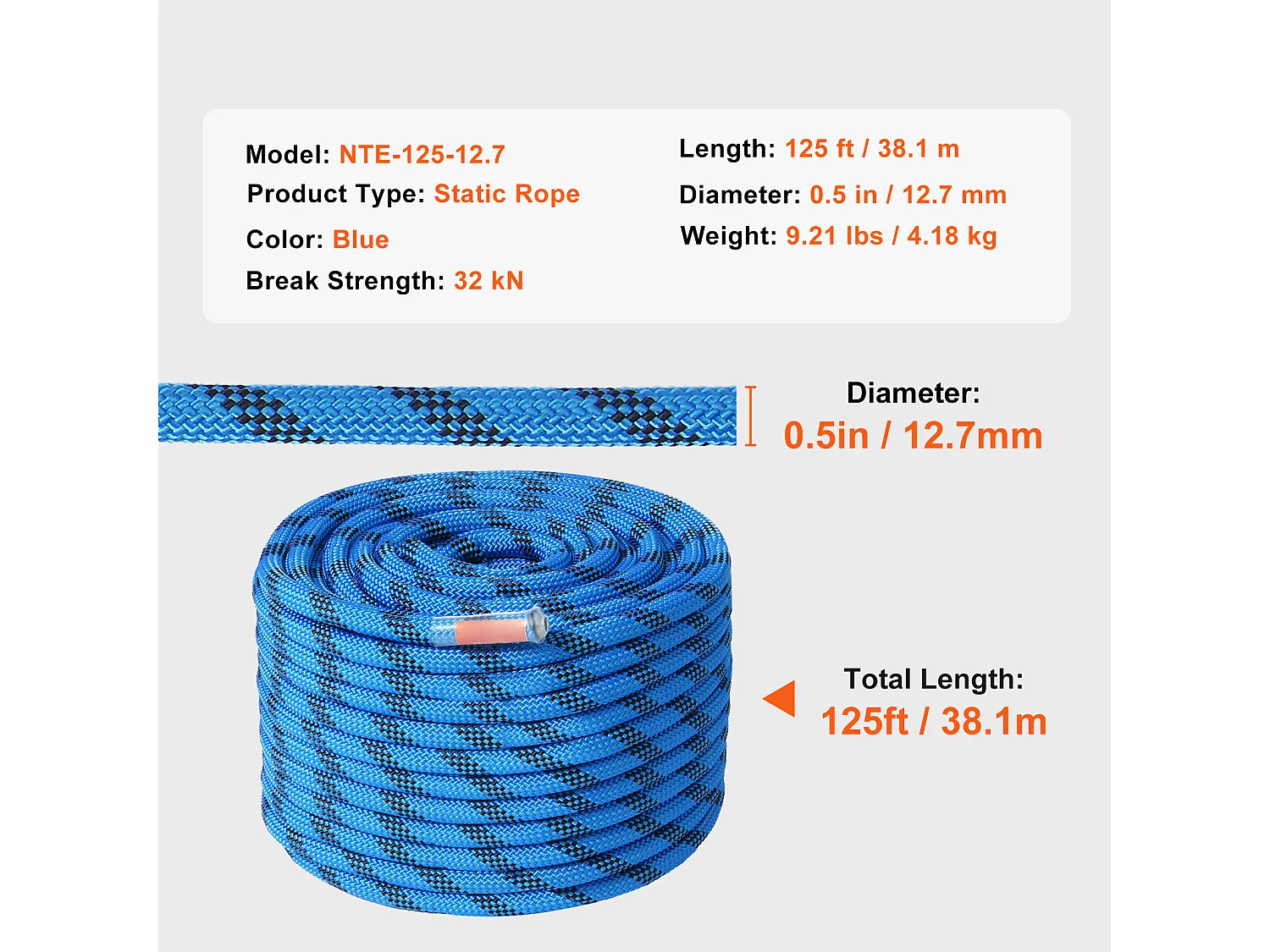 Corde d'Escalade Statique SucceBuy, 12,7 mm, 38 m, Bleue pour Escalade en Extérieur