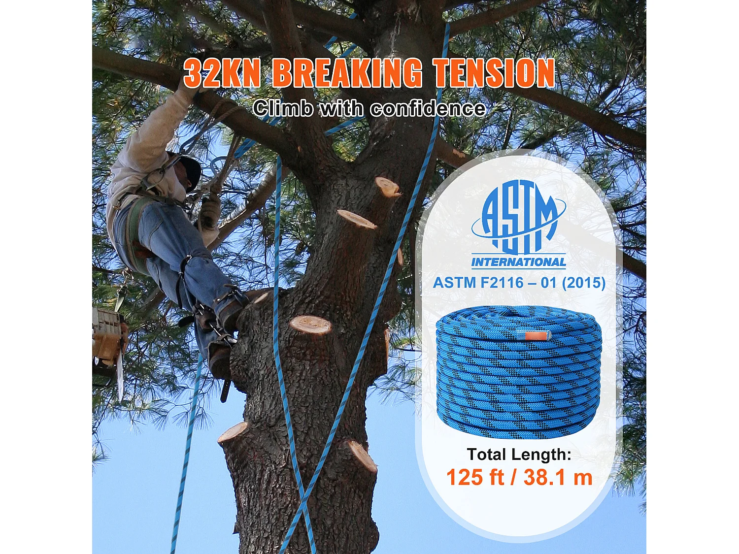 Corde d'Escalade Statique SucceBuy, 12,7 mm, 38 m, Bleue pour Escalade en Extérieur