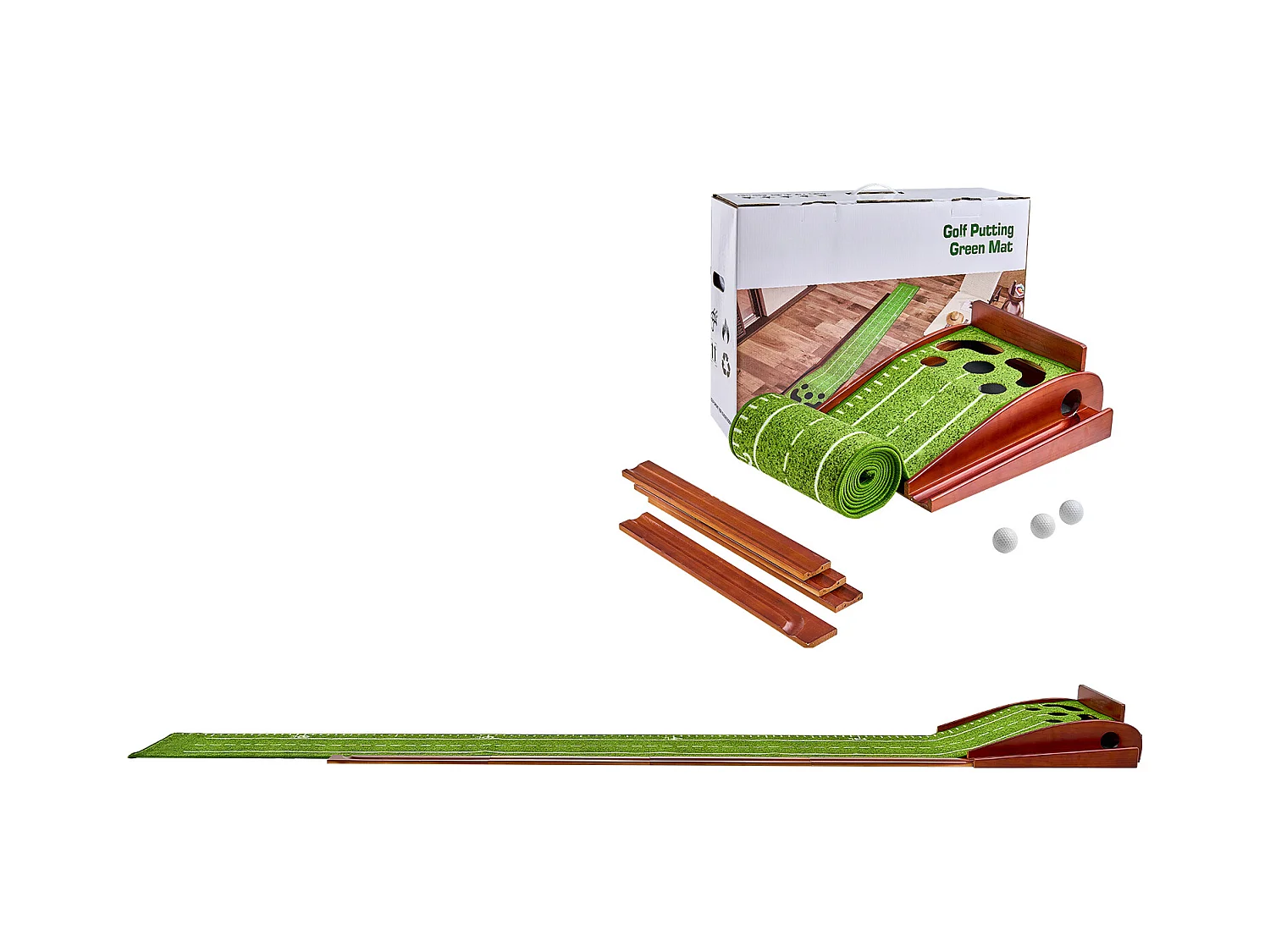 Tapis de Golf SucceBuy 5 Trous, Green de Golf d'Intérieur, Retour Automatique de Balle, Guide d'Alignement, Base en Bois, Aide à l'Entraînement au Golf