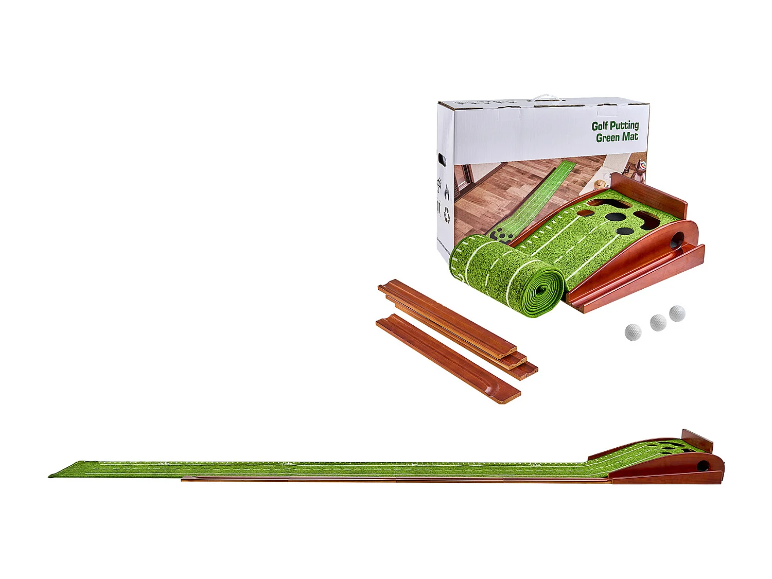 Golf Matte SucceBuy 5 Löcher, Indoor Golf Green, Automatischer Ballrücklauf, Ausrichtungsführung, Holzuntergrund, Hilft beim Golf Training