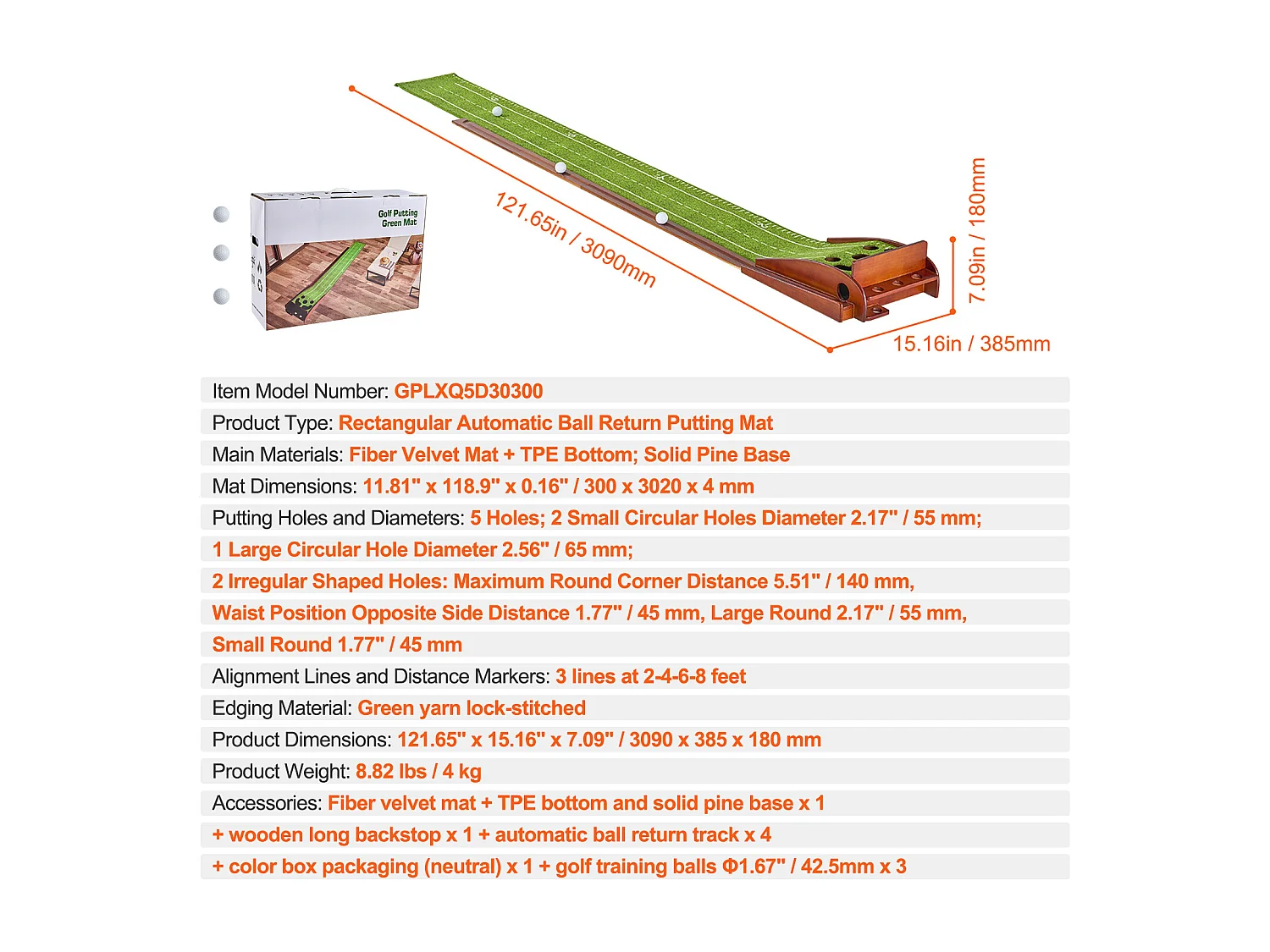 Golf Matte SucceBuy 5 Löcher, Indoor Golf Green, Automatischer Ballrücklauf, Ausrichtungsführung, Holzuntergrund, Hilft beim Golf Training