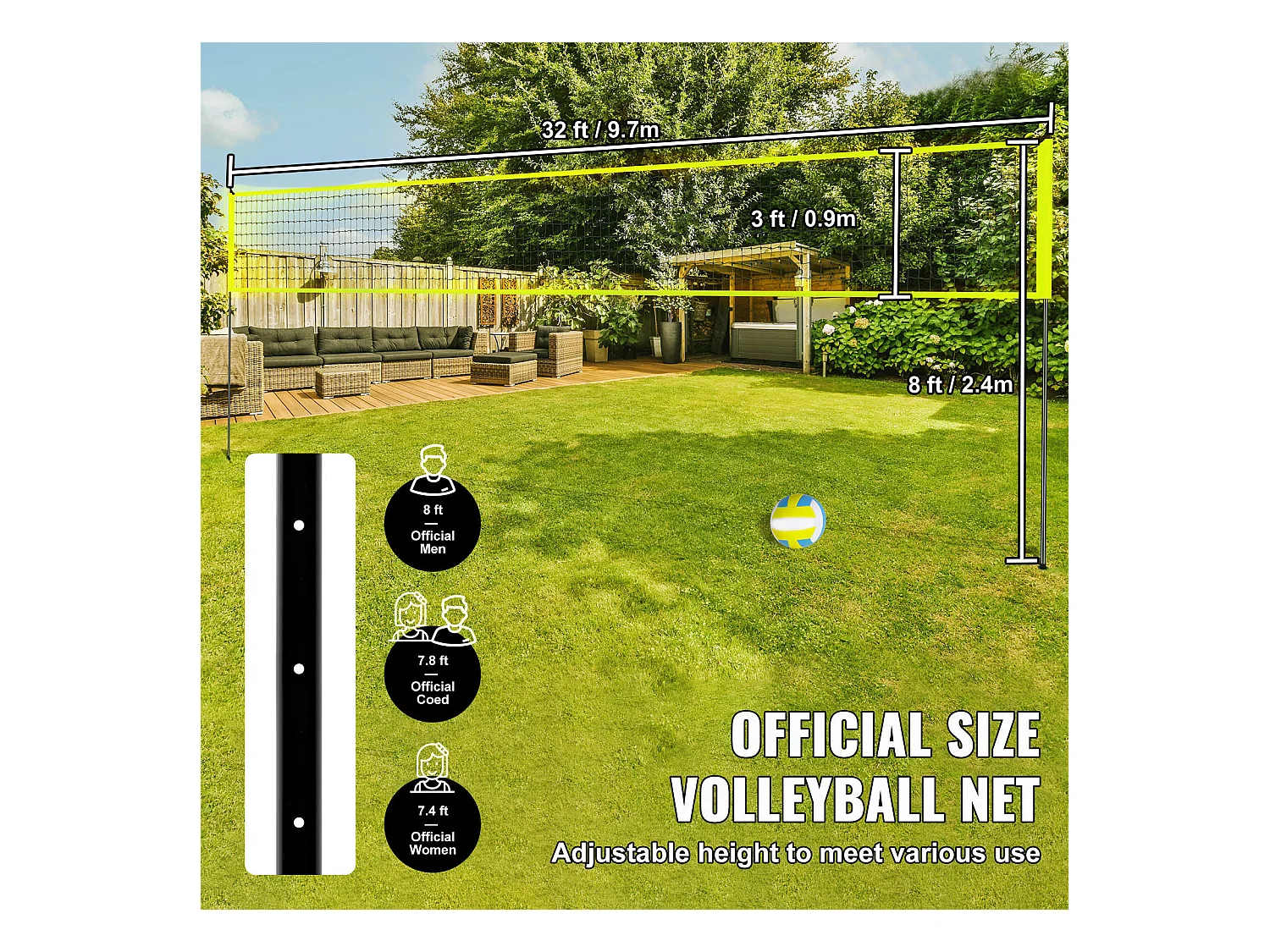 Filet de Volley-Ball SucceBuy Portable D'extérieur de Système, avec Poteaux à Hauteur Réglable, sac de Transport pour Jardin, Plage, Pelouse