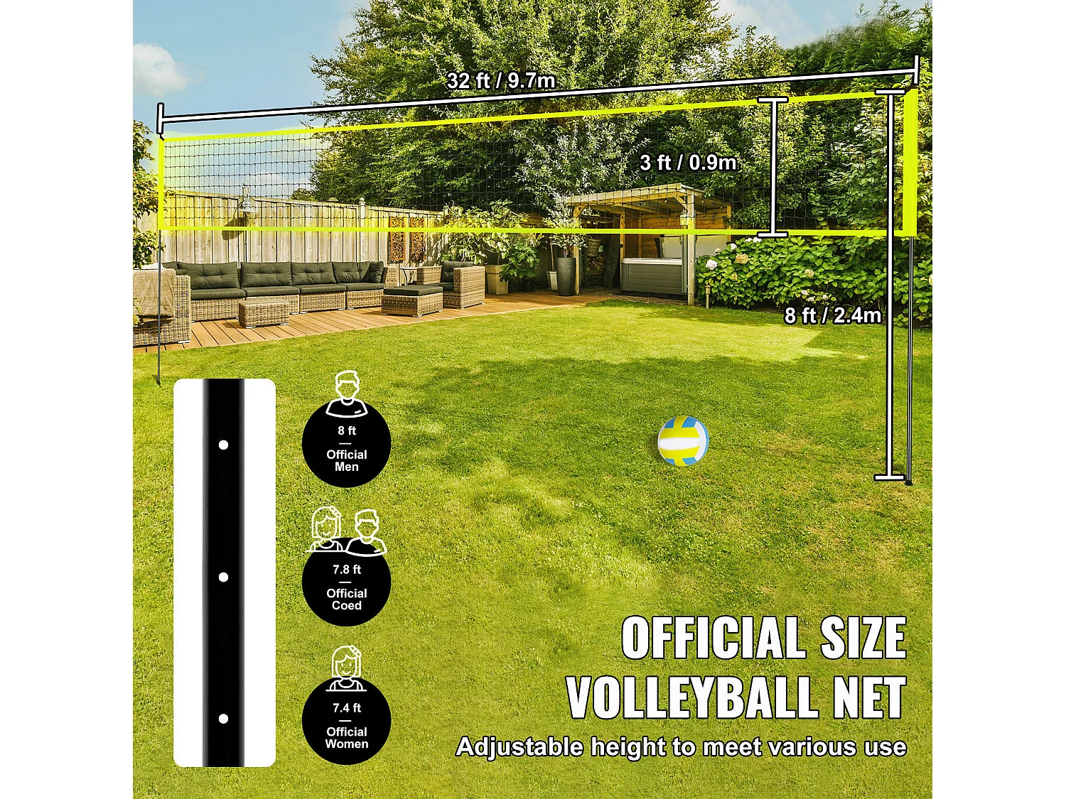 Filet de Volley-Ball SucceBuy Portable D'extérieur de Système, avec Poteaux à Hauteur Réglable, sac de Transport pour Jardin, Plage, Pelouse